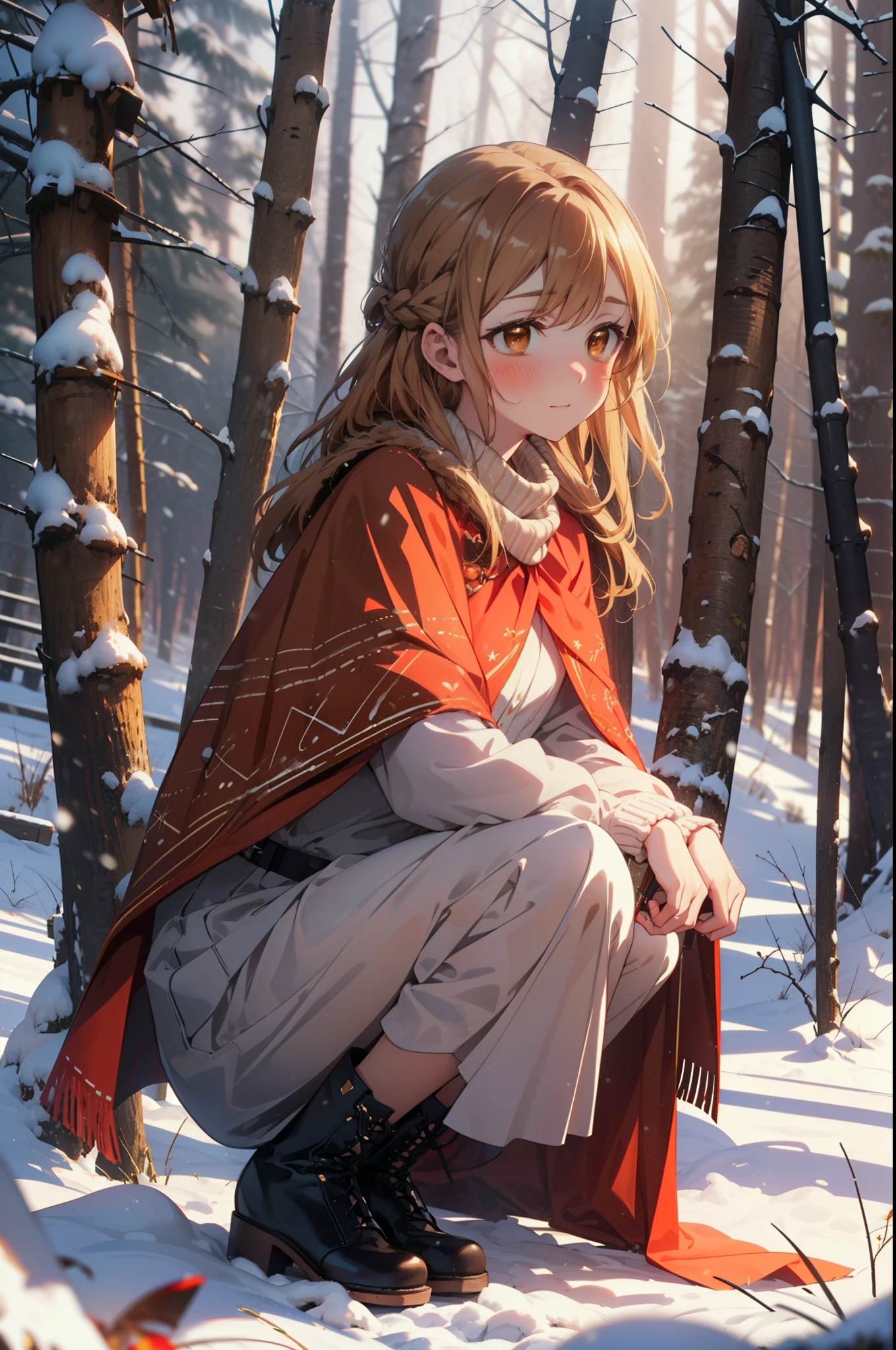 I am the sun ayuuki, a sun a yuuki, Long Hair, Brown Hair, (Brown eyes:1.8)Medium chest,smile,blush,White Breath,
Open your mouth,snow,Ground bonfire, Outdoor, boots, snowing, From the side, wood, suitcase, Cape, Blurred, Increase your meals, forest, White handbag, nature, Squat, Mouth closed, フードed Cape, winter, Written boundary depth, Black shoes, red Cape break looking at viewer, Upper Body, whole body, break Outdoor, forest, nature, break (masterpiece:1.2), highest quality, High resolution, unity 8k wallpaper, (shape:0.8), (Beautiful and beautiful eyes:1.6), Highly detailed face, Perfect lighting, Highly detailed CG, (Perfect hands, Perfect Anatomy),