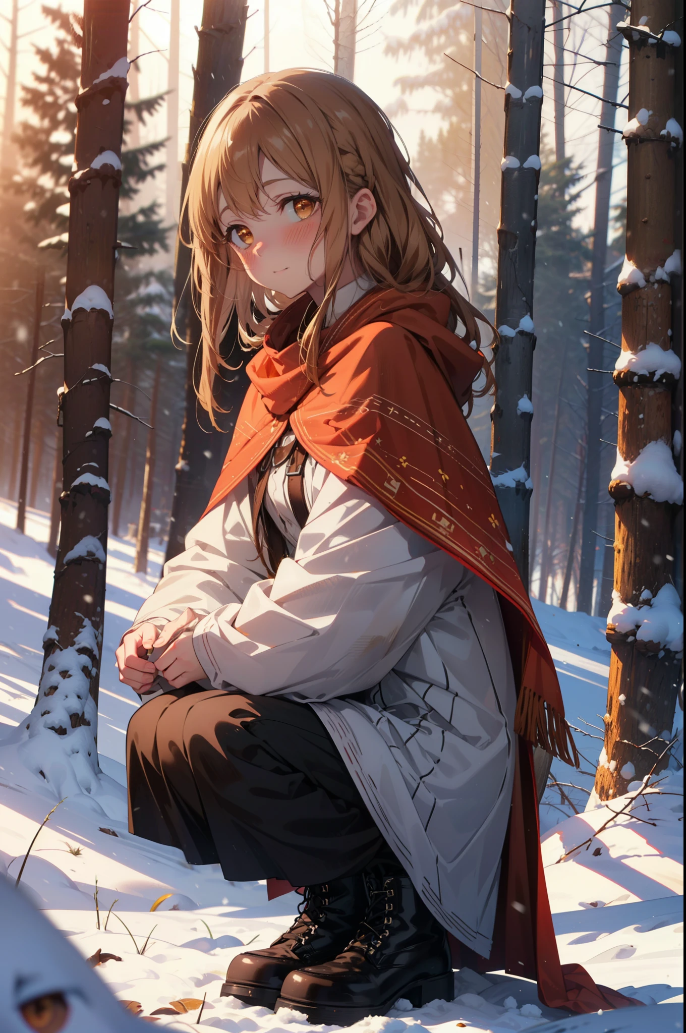 I am the sun ayuuki, a sun a yuuki, Long Hair, Brown Hair, (Brown eyes:1.8)Medium chest,smile,blush,White Breath,
Open your mouth,snow,Ground bonfire, Outdoor, boots, snowing, From the side, wood, suitcase, Cape, Blurred, Increase your meals, forest, White handbag, nature, Squat, Mouth closed, フードed Cape, winter, Written boundary depth, Black shoes, red Cape break looking at viewer, Upper Body, whole body, break Outdoor, forest, nature, break (masterpiece:1.2), highest quality, High resolution, unity 8k wallpaper, (shape:0.8), (Beautiful and beautiful eyes:1.6), Highly detailed face, Perfect lighting, Highly detailed CG, (Perfect hands, Perfect Anatomy),