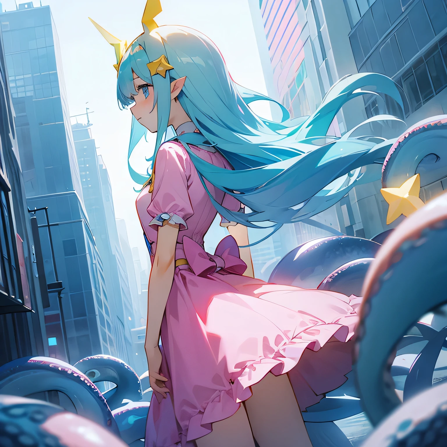 girl、Light blue hair、Yellow star-shaped hair ornament、Pink dress、Tentacles、City