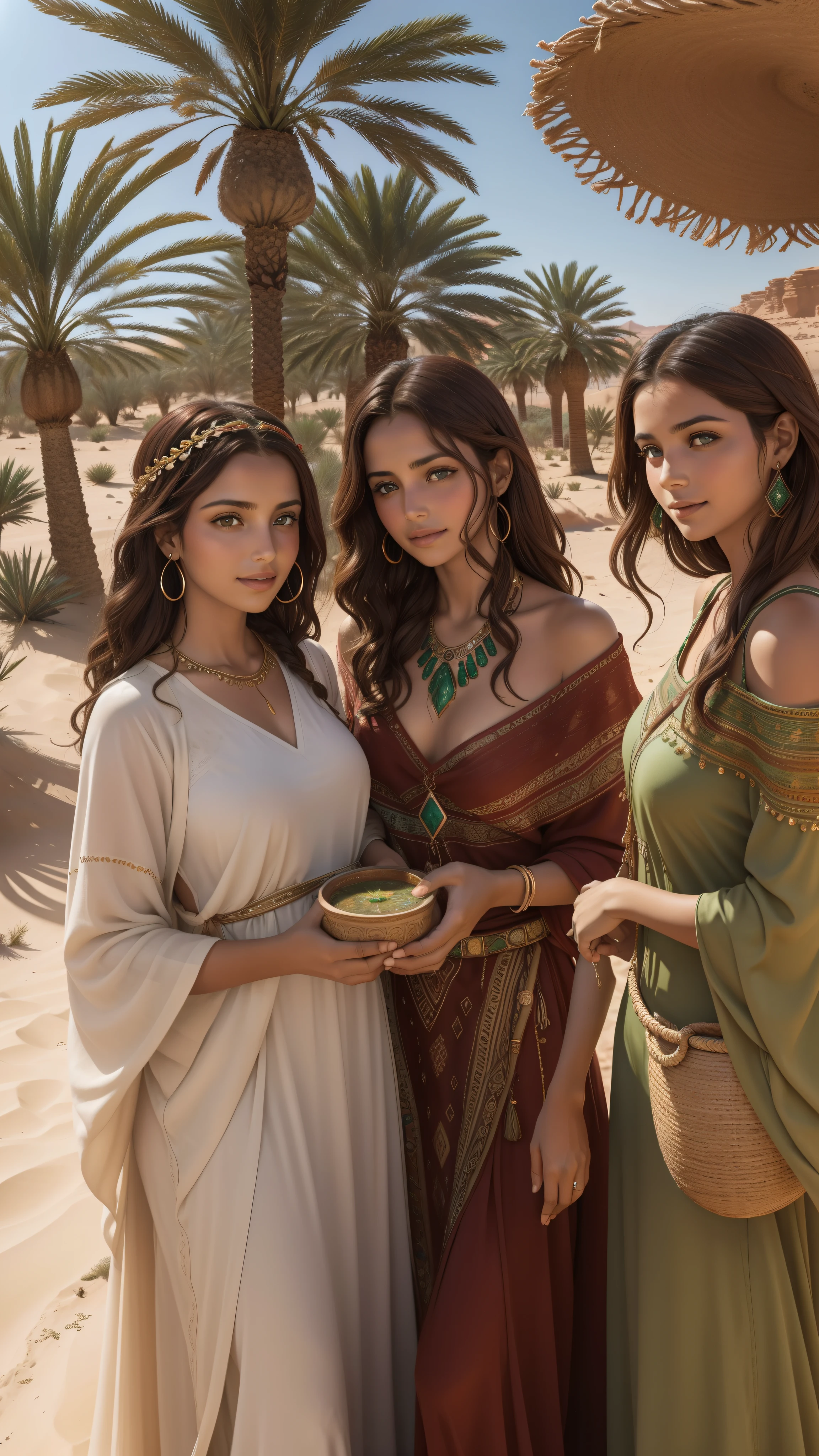 In the heart of the vast Sahara desert, an alluring oasis emerges, its lush greenery and crystalline waters shimmering under the high definition images of the Sun. The Berber people, known for their resilience and proud spirit, can be seen in the pictures, dressed in traditional attire, with their long, curly red-brown hair cascading down their shoulders and their clear, bright green eyes reflecting the enchanting surroundings. The images capture their joyful expressions and their captivating connection with the desert, as they go about their daily activities, such as tending to the date palms and gathering water from the oasis. With each detail meticulously