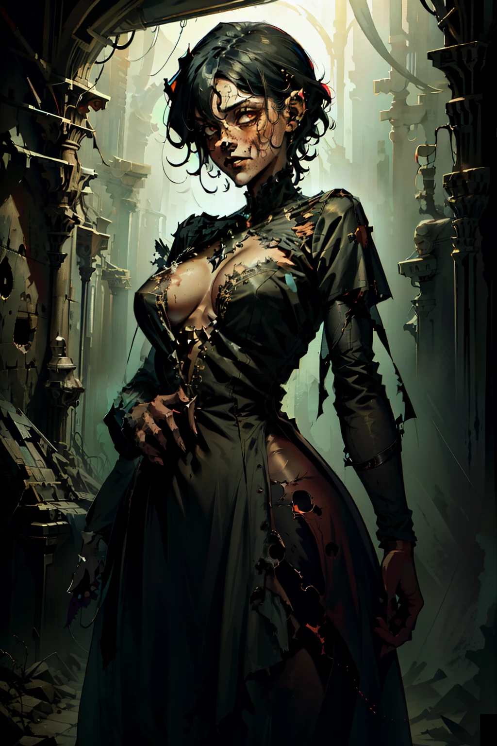 Zombie, living Dead , living Dead girl , short hair , torn long dress , living Dead girl , Whole body , living Dead , Long torn white dress , shroud , at night , Torn dress , living Dead features , sexual body , sexual , She stands directly in front of the viewer, with hands down