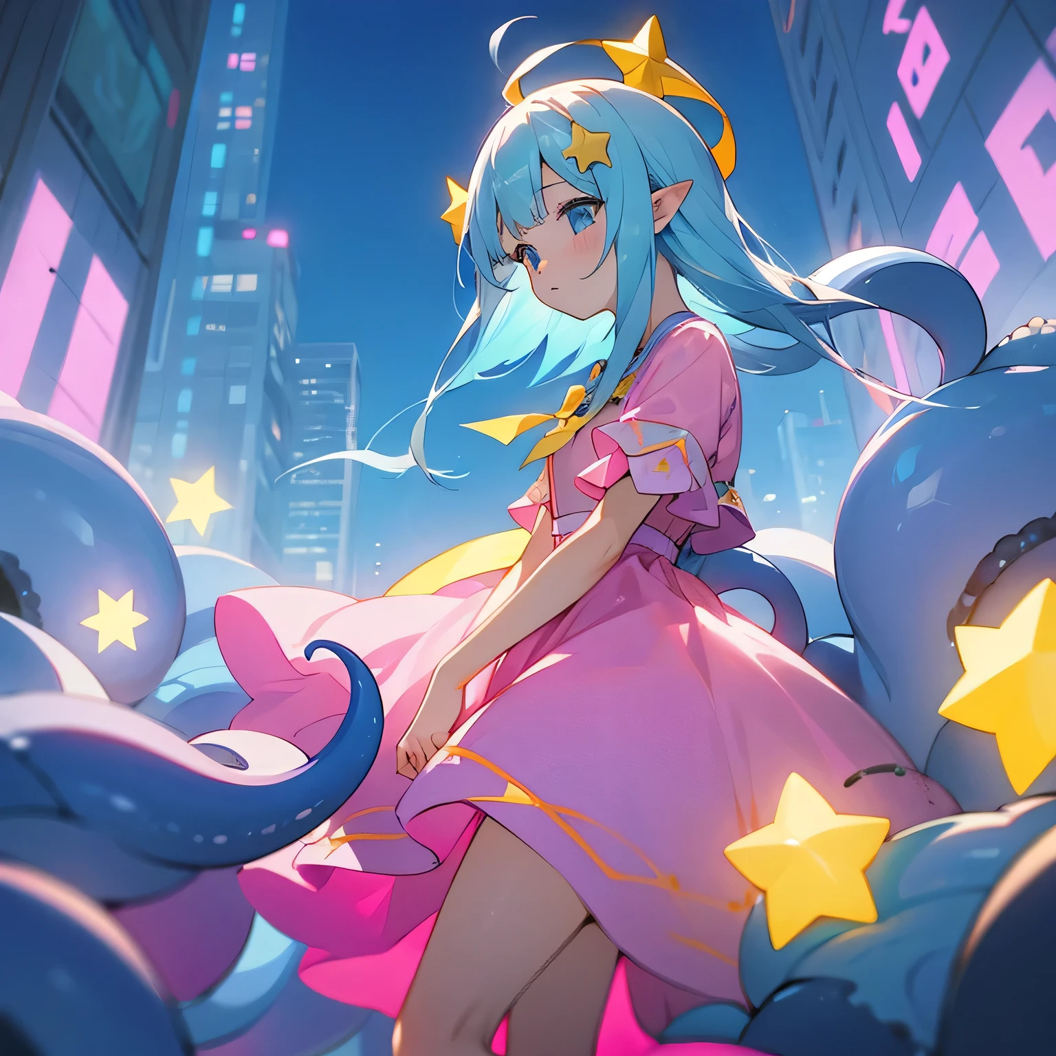 girl、Light blue hair、Yellow star-shaped hair ornament、Pink dress、Tentacles、City