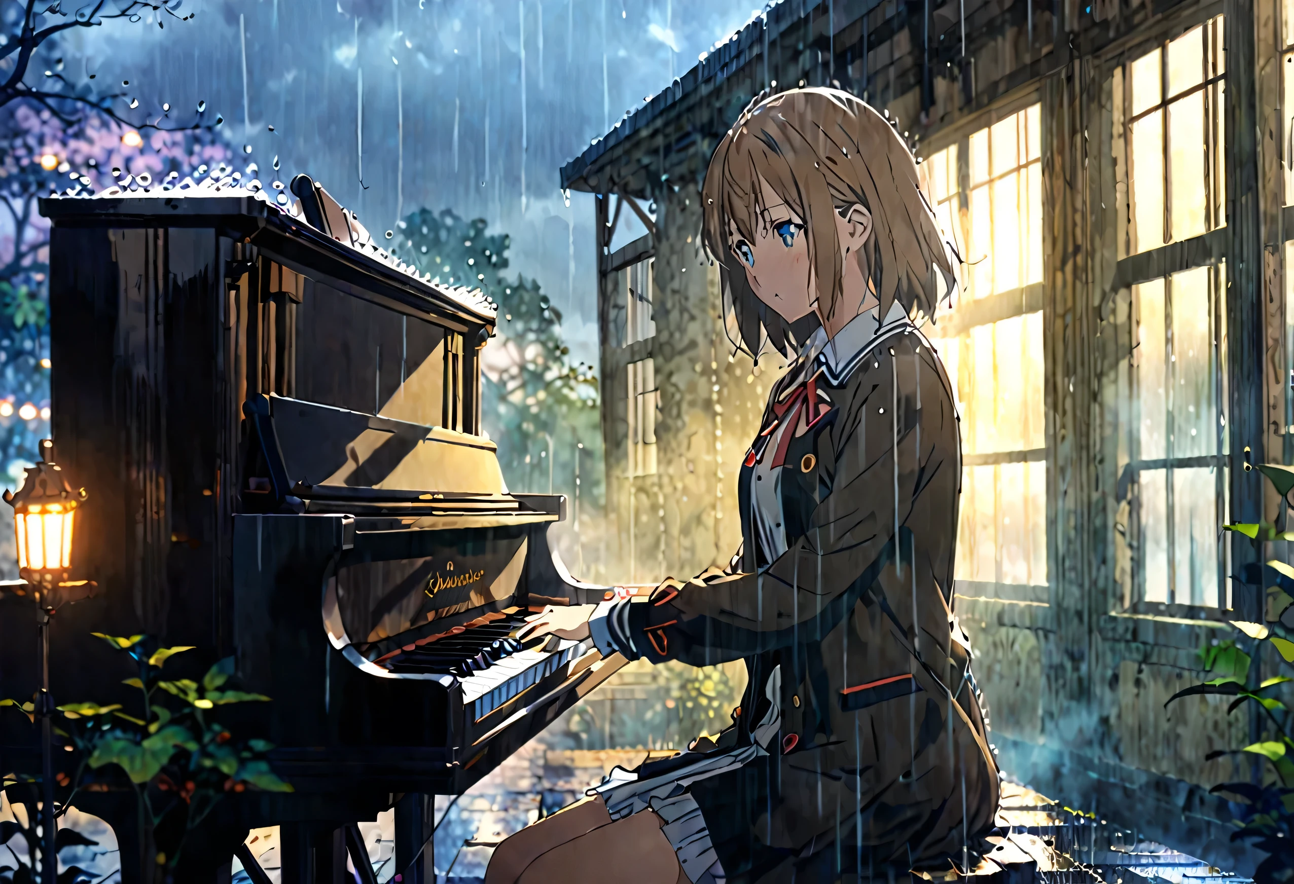 anime girl playing piano in the rain, Digital Art by Eizan Kikukawa, Shutterstock, Digital Art, Official Artwork, Official Art, anime lighting, ( ( ( yoshinari yoh ) ) ), high quality anime artstyle, anime. Soft lighting, ( ( makoto shinkai ) ), [ Digital Art ]!!, rendering, No type