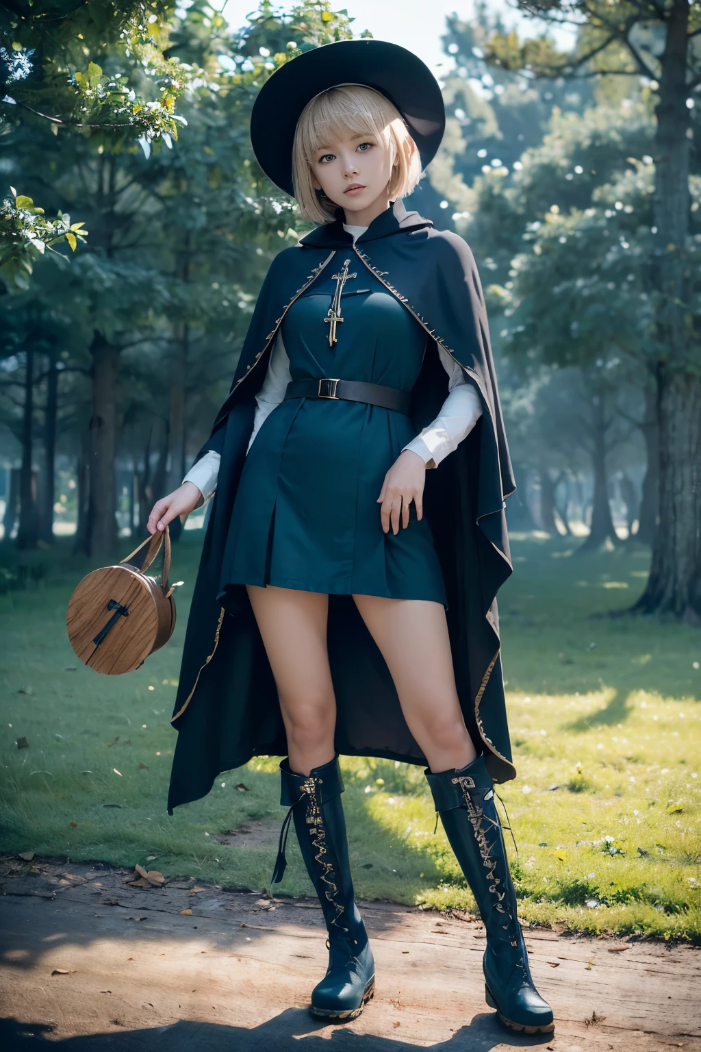 masterpiece, Super detailed, 8K Portrait, RAW Photos, Portrait Photography, Highly detailed face, Beautiful and meticulous eyes, ((Fantasy)), Young and pretty, Dynamic pose, Kind Face, smile, (((blonde very short hair, bangs))), ((priest)), Wooden Necklace, Clergy's hat, (((Long Cape))) Fluttering in the wind, (((dark dull blue oversized priest tunic))), (((Long skirt)), (((Low boots))), ((Have a long wooden cane)), Large shoulder bag, Midday Sun, Ultra-realistic, Body Model, Big Breasts, Beautiful breasts, Long legs, In the crowd, Ambient Lighting, Shadow Details , Camera focus on face, Strong winds, Light fog