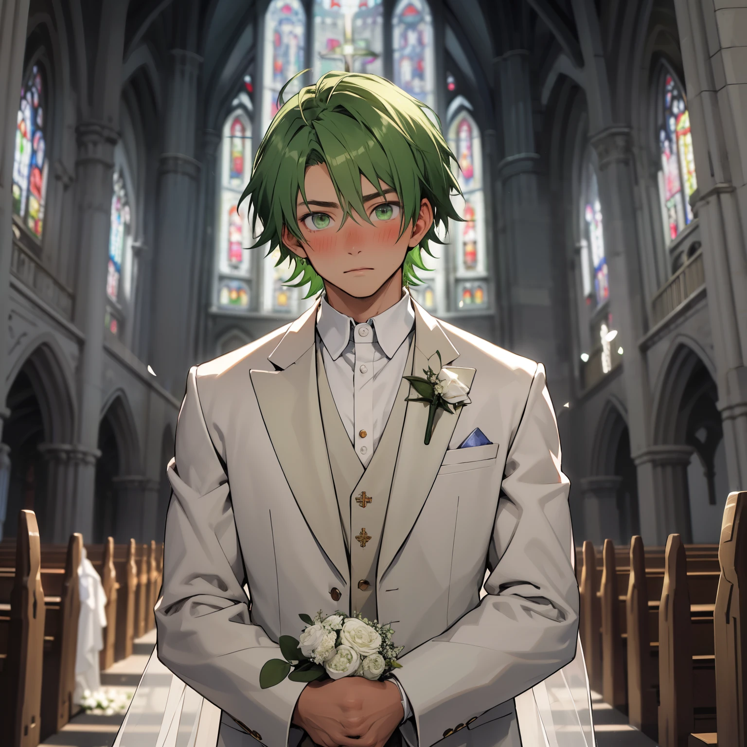 (masterpiece, best quality ), 1man, short green hair, green eyes, intricate, (church) , white aroyal wedding suit, vivid colors,(depth of field:1.2), blush, looking at viewer, standing in the altar, facing the front, visible pectorals, close up 5d