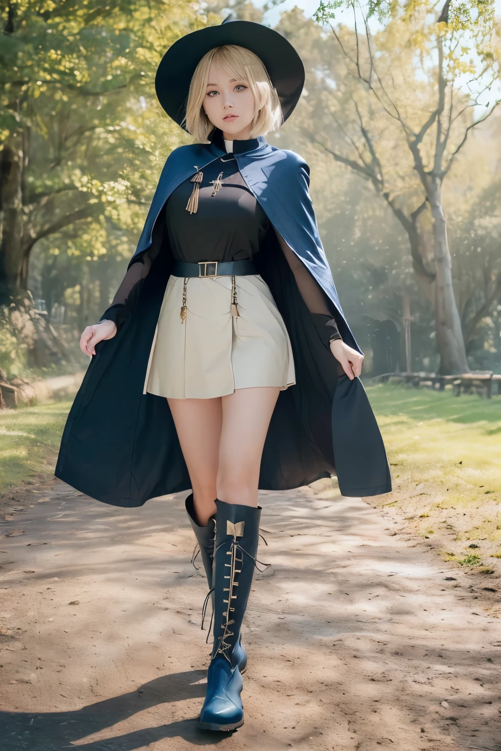 masterpiece, Super detailed, 8K Portrait, RAW Photos, Portrait Photography, Highly detailed face, Beautiful and meticulous eyes, ((Fantasy)), Young and pretty, Dynamic pose, Kind Face, smile, (((blonde very short hair, bangs))), ((priest)), Wooden Necklace, Clergy's hat, (((Long Cape))) Fluttering in the wind, (((dark dull blue oversized priest tunic))), (((Long skirt)), (((Low boots))), ((Have a long wooden cane)), Large shoulder bag, Midday Sun, Ultra-realistic, Body Model, Big Breasts, Beautiful breasts, Long legs, In the crowd, Ambient Lighting, Shadow Details , Camera focus on face, Strong winds, Light fog