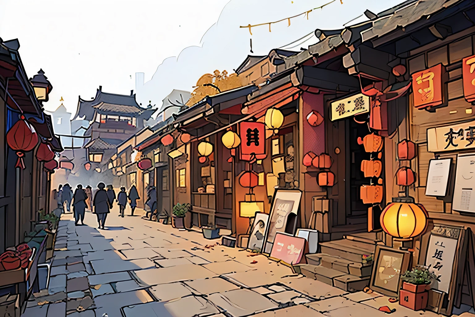 There is a street with many shops and people walking, chinese village, Beijing, old asian village, Old store, Baotou China, Dreamy Chinatown, The ancient city streets behind her, golden hour in Beijing, Photo of city streets, quaint village, in a narrow chinese alley, old village, Old Town, village, Many shops
