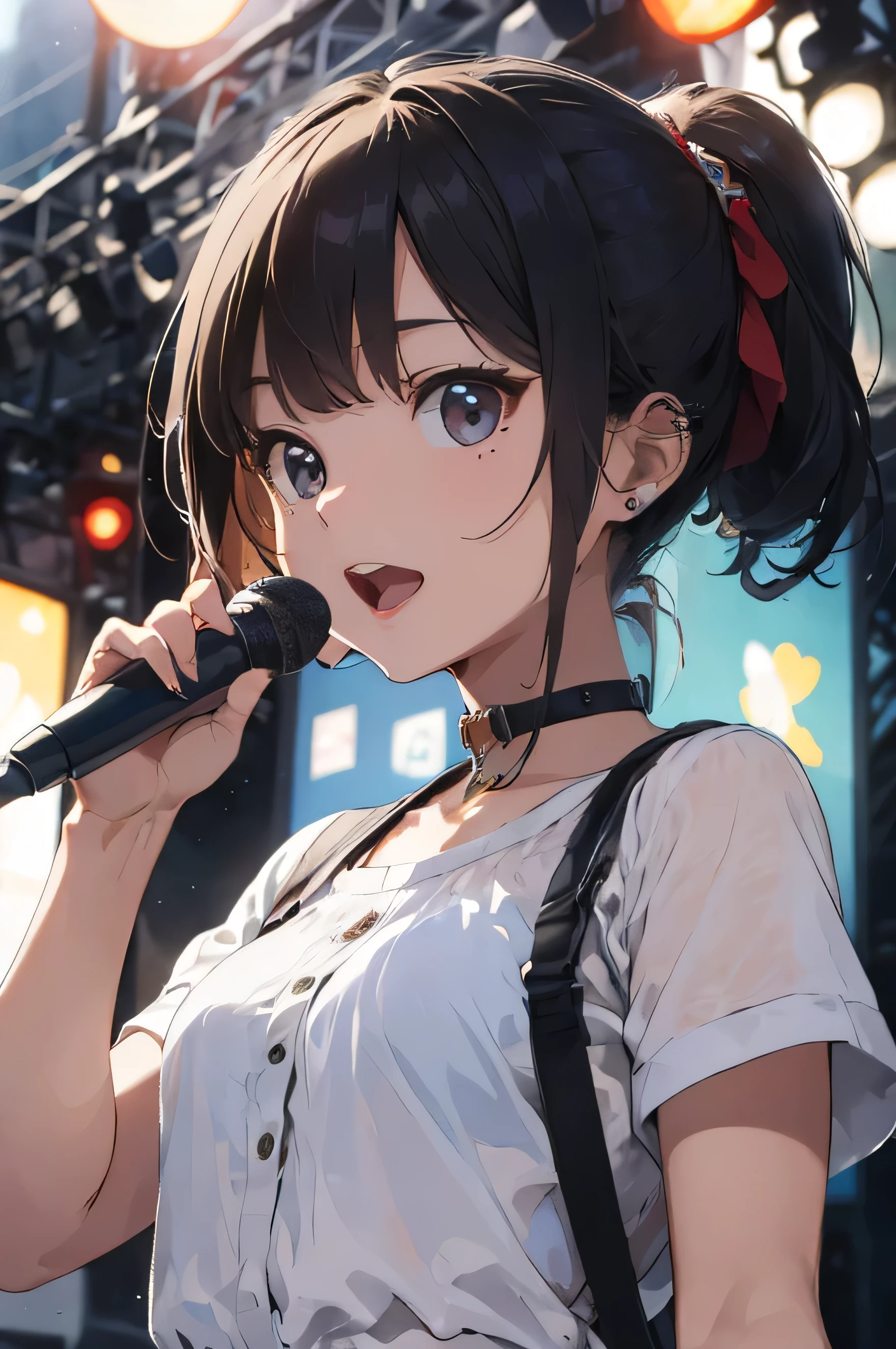 ((highest quality)), ((masterpiece)), (detailed), Perfect Face, woman, cute, music festival, vocal, mic,