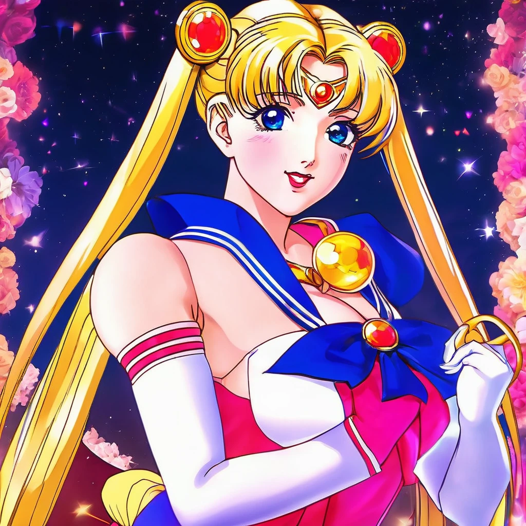 Sexy sailor moon, playful heroic poses, summons power, defeat evil monsters, vibrant colors, beautiful detailed eyes, beautiful detailed lips, extremely detailed eyes and face, long eyelashes, anime style, fantasy style, glowing magical aura, surreal lighting, dynamic movement, vibrant costume, moonlight background