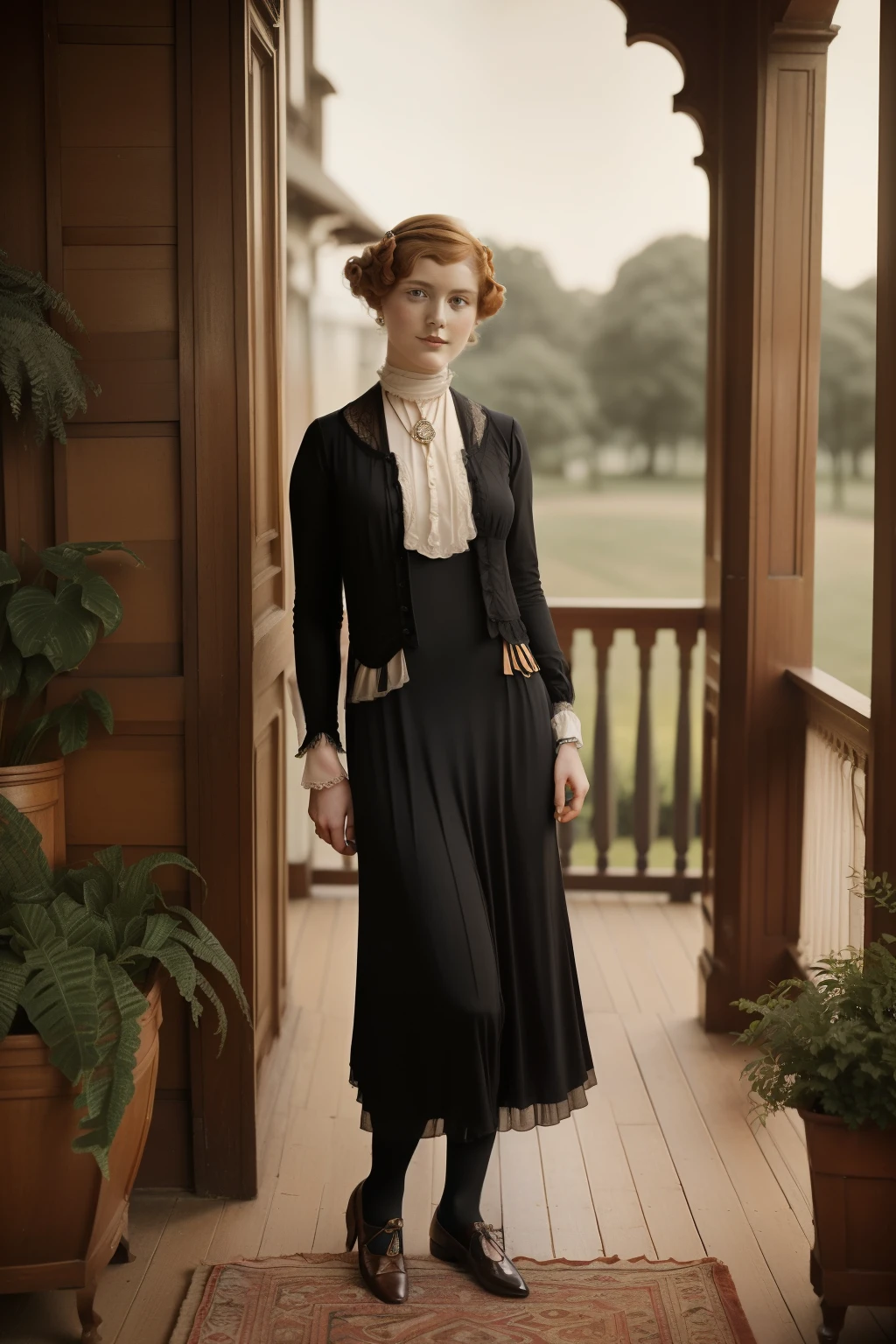 Tharsis, 1921. A young ((((25-year-old)) Kristina Lomholt)), dutch woman, elegant, in the victorian front porch, ((((clothings from the 1920s)))), ((ginger hairstyle of the 1920s)), colorful

