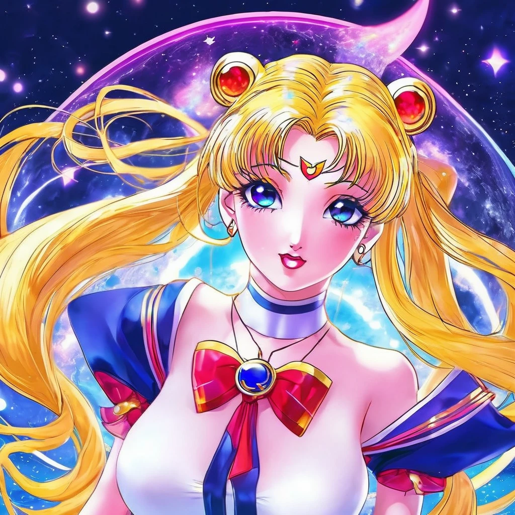 Sexy sailor moon, playful heroic poses, summons power, defeat evil monsters, vibrant colors, beautiful detailed eyes, beautiful detailed lips, extremely detailed eyes and face, long eyelashes, anime style, fantasy style, glowing magical aura, surreal lighting, dynamic movement, vibrant costume, moonlight background