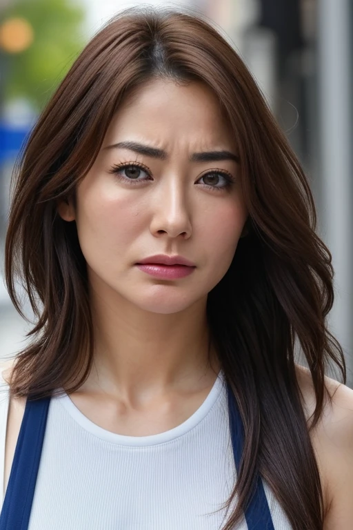 Beautiful Japanese actresses,1 girl,flying debris,,Award-winning photo, Very detailed, Keep your eyes focused, Nose and mouth,Face Focus, Extreme close up of face、 Age 35,Brown Hair、Symmetrical face,Realistic nostrils、Angle from below、Elongated C-shaped nostrils,(Sharp Nose)Sweaty skin、Shiny skin,(Brow wrinkles))(Cum on tongue)、((Thin eyebrows))Oily skin、Glowing Skin、double eyelid、、Beautiful woman、Medium Hair、Shortcuts、Tank top,I can see the sky、Shibuya Center Street、(((Show your side,throw))),Raise your eyebrows, (((Hold your mouth, Frowning, crazy, Frowning))), Textured skin,Long upper arms,((Cry with your eyes open, blush, Drunk, The face of endurance))Squat,Large Breasts,((Always lift your arms and show your sides))Long arms,scowl,smelling, annoyed, sad, sleepy, grimace, endured face