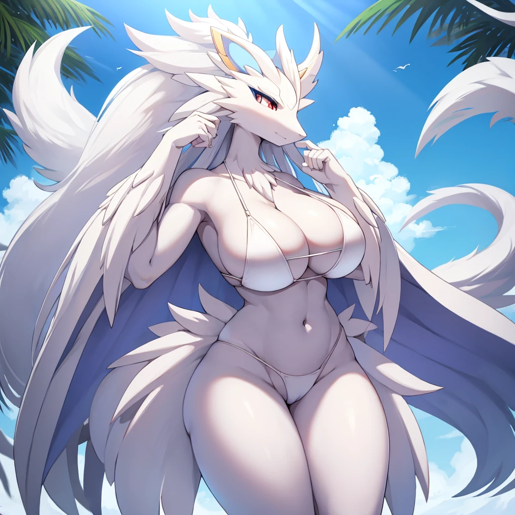 Reshiram, anthropology,Wear a white bikini, Bust 87, Waist 57, Thigh 86, Giantess, A little bit of everything