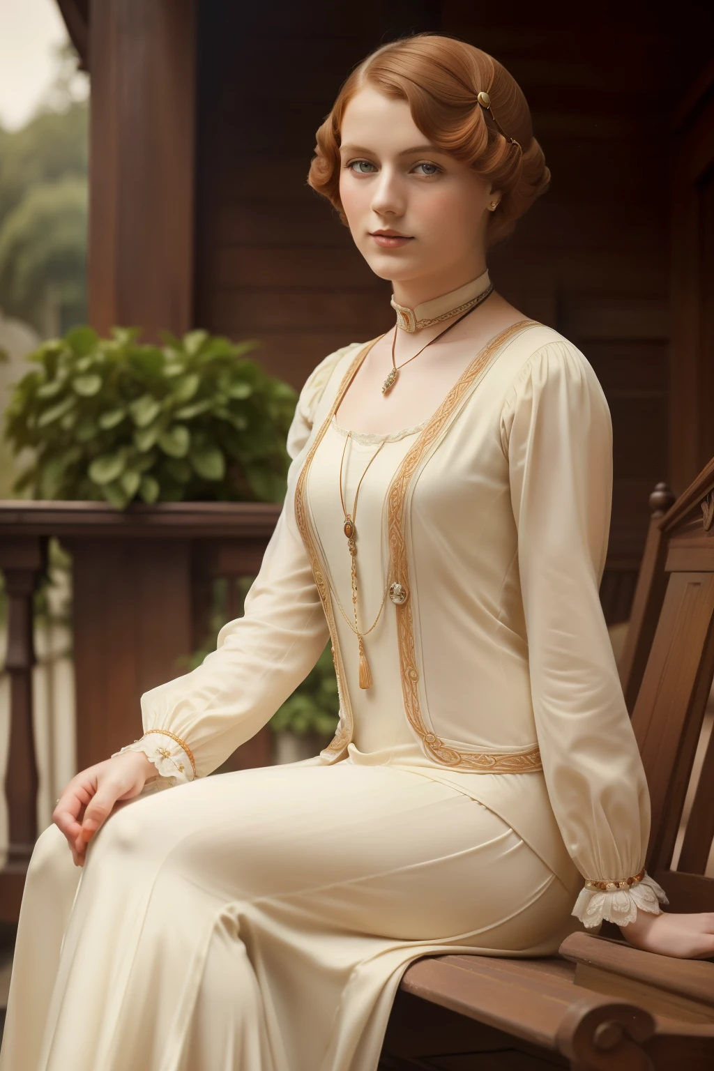 Tharsis, 1921. A young ((((25-year-old)) Kristina Lomholt)), dutch woman, elegant, in the victorian front porch, ((((clothings from the 1920s)))), ((ginger hairstyle of the 1920s)), colorful