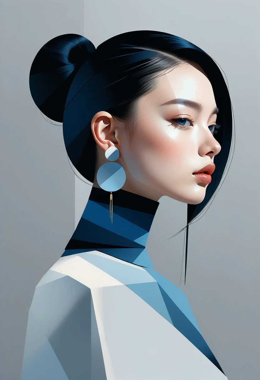 (((vector，flat form style，illustration，digital art illustration)))，1 girl，Unique，pretty face，earrings，portrait，Shoulder，Black high neck，Geometric gradients，gradient lines，artistic conception，Abstract，Minimalism，minimalist lines，Portrait drawing，Gray and blue and white porcelain，Rhythmic lines，minimalist Journey