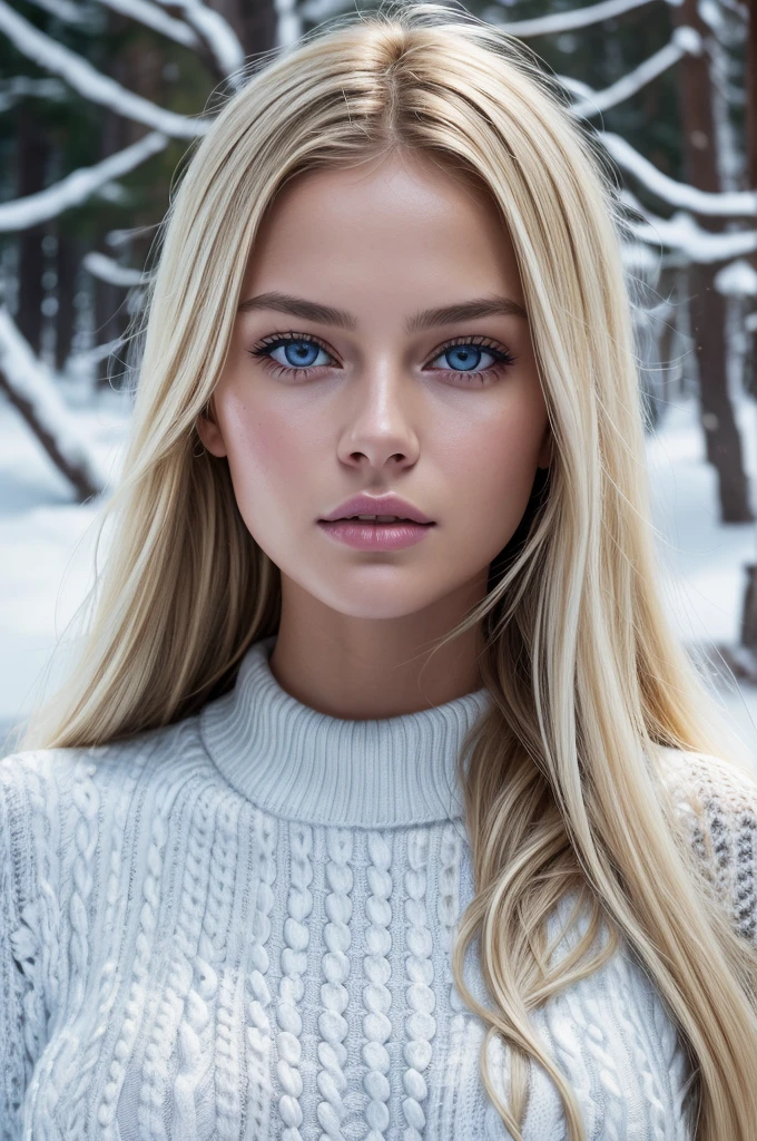 Kristina Pimenova, ultra detailed face, skinny body, white skin, long platinum blonde wavy messy hair, sunny winter snow, ground snow, ((front view, ultra detailed nordic eyes)), (((masterpiece, giant tits, giant breasts, white knit sweater))), photorealism, high contrast, photorealistic, photo, masterpiece, realistic, realism, photorealism, high contrast, photorealistic digital art trend on Artstation 8k HD high definition detailed realistic, detailed, skin texture, hyperdetailed, realistic skin texture, best quality, ultra high resolution, (photorealistic: 1.4), high resolution, detailed, raw photo, sharp re, camera kodak portra 400 lens f1.6 rich colors hyper realistic texture dramatic lighting irrealengine trend in artstation cinestill 800.