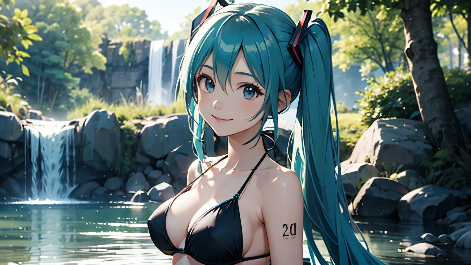 Under the sunlight filtering through the trees、Hatsune Miku smiling in a bikini。There is a waterfall nearby。4K