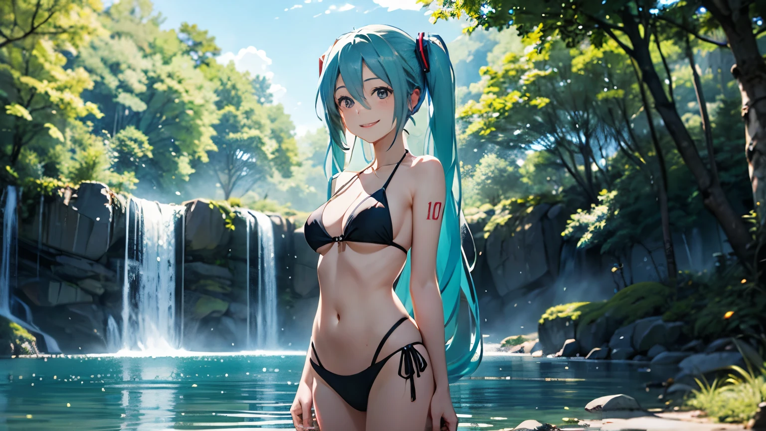 Under the sunlight filtering through the trees、Hatsune Miku smiling in a bikini。There is a waterfall nearby。４K