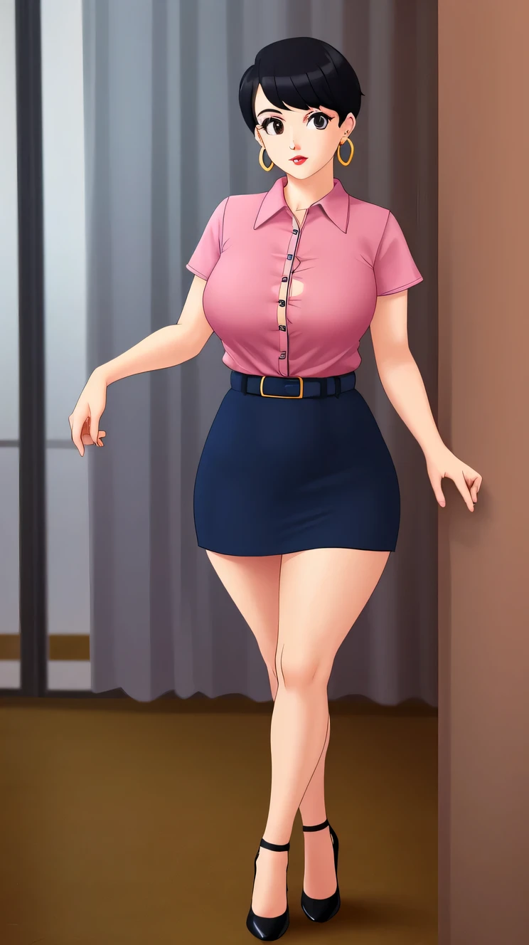 A beautiful teacher woman, cute, tenderness, pure confidence, big chest, black hair, short cut, squares her light brown eye, eyebrows, slim red lip, she dresses in a dark pink shirt, buttons, short sleeves, arm and a navy blue skirt, wearing black heels, golden earrings in her ear.