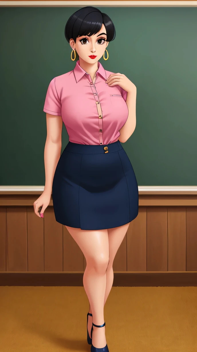 A beautiful teacher woman, cute, tenderness, pure confidence, big chest, black hair, short cut, squares her light brown eye, eyebrows, slim red lip, she dresses in a dark pink shirt, buttons, short sleeves, arm and a navy blue skirt, wearing black heels, golden earrings in her ear.