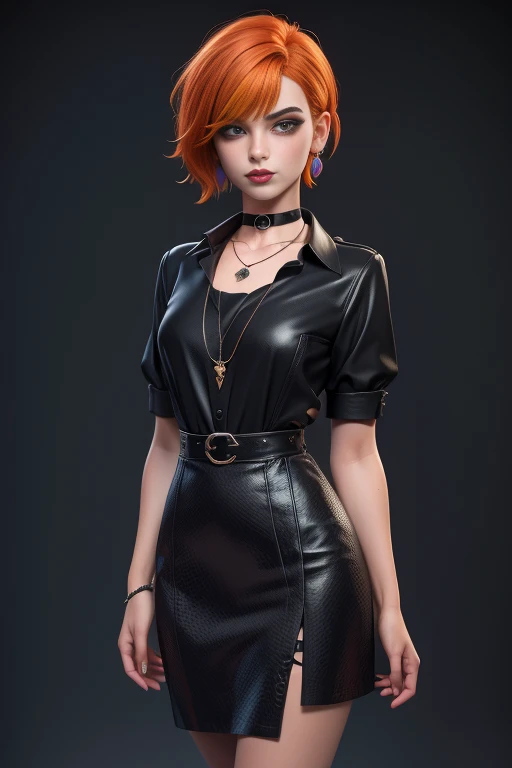 masterpiece, best quality,3d rending work ,3DMM style, pro photography, 3D,1girl, solo, multicolored hair, orange hair, black hair, necklace, freckles, jewelry, two-tone hair, looking to the side, lustful look, realistic, full body, simple background, bangs, looking away, short hair, parted lips, black eyes, lips, gothic, choker, makeup, mole, black shirt, shirt, watermark, fashion dressed, post punk, dark wave