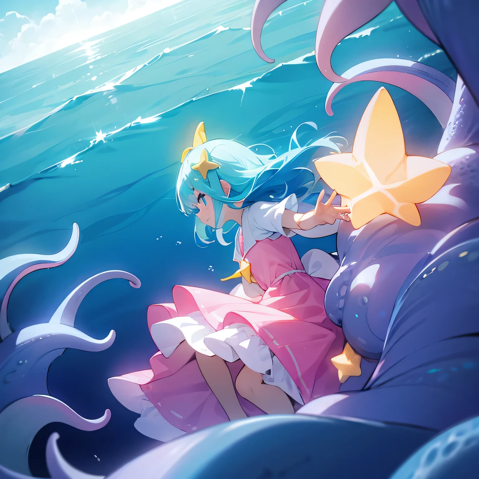 girl、Light blue hair、Yellow star-shaped hair ornament、Pink dress、In the sea、Tentacles