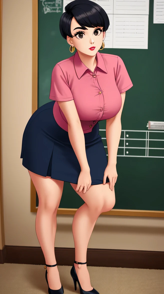 A beautiful teacher woman, cute, tenderness, pure confidence, big chest, black hair, short cut, squares her light brown eye, eyebrows, slim red lip, she dresses in a dark pink shirt, buttons, short sleeves, arm and a navy blue skirt, wearing black heels, golden earrings in her ear.