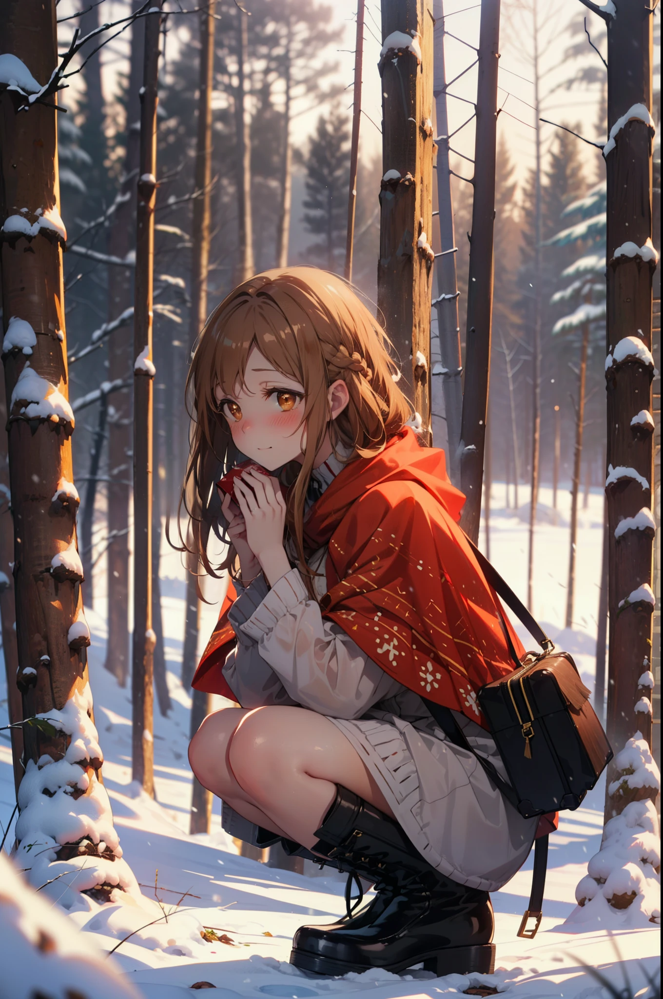 I am the sun ayuuki, a sun a yuuki, Long Hair, Brown Hair, (Brown eyes:1.8)Medium chest,smile,blush,White Breath,
Open your mouth,snow,Ground bonfire, Outdoor, boots, snowing, From the side, wood, suitcase, Cape, Blurred, Increase your meals, forest, White handbag, nature,  Squat, Mouth closed, フードed Cape, winter, Written boundary depth, Black shoes, red Cape break looking at viewer, Upper Body, whole body, break Outdoor, forest, nature, break (masterpiece:1.2), highest quality, High resolution, unity 8k wallpaper, (shape:0.8), (Beautiful and beautiful eyes:1.6), Highly detailed face, Perfect lighting, Highly detailed CG, (Perfect hands, Perfect Anatomy),