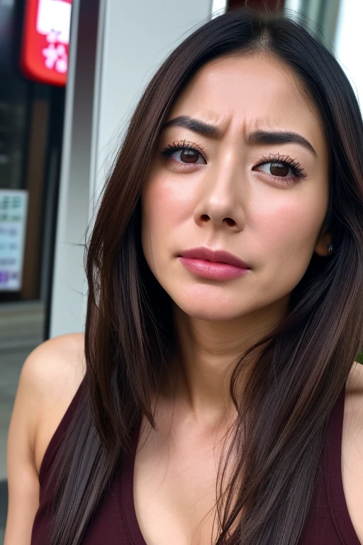 Beautiful Japanese actresses,1 girl,flying debris,,Award-winning photo, Very detailed, Keep your eyes focused, Nose and mouth,Face Focus, Extreme close up of face、 Age 35,Brown Hair、Symmetrical face,Realistic nostrils、Angle from below、Elongated C-shaped nostrils,(Sharp Nose)Sweaty skin、Shiny skin,(Brow wrinkles))(Cum on tongue)、((Thin eyebrows))Oily skin、Glowing Skin、double eyelid、、Beautiful woman、Medium Hair、Shortcuts、Tank top,I can see the sky、Shibuya Center Street、(((Show your side,throw))),Raise your eyebrows, (((Hold your mouth, Frowning, crazy, Frowning))), Textured skin,Long upper arms,((Cry with your eyes open, blush, Drunk, The face of endurance))Squat,Large Breasts,((Always lift your arms and show your sides))Long arms,scowl,smelling, annoyed, sad, sleepy, grimace, endured face