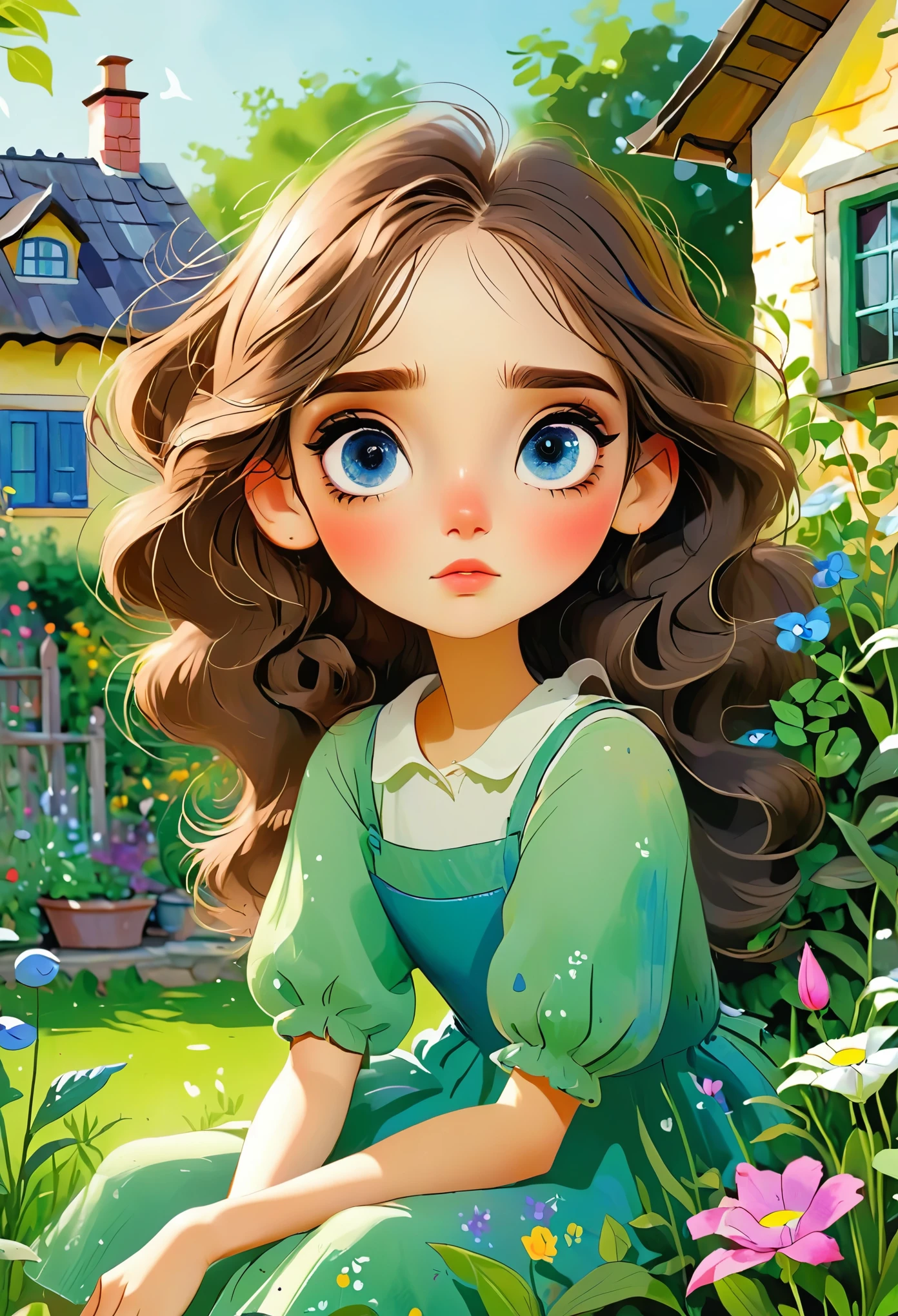 Rough texture，Hand-drawn style：1 Girl，beautiful eyes，In the garden in front of her house，Sitting, Art in an art station, Beautiful art style, 