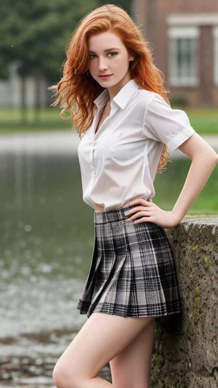 1girl in, age19, Solo, Aesthetic artwork, irish redhead, wavy ginger hair, shoulder length ginger hair, gray eyes, light grey eyes, some small freckles, pale skin, A-cup, small breasts, runners body, fullbody shot, (textured skin, skin pores:1.1), (moles:0.8), imperfect skin, goosebumps, (Pose with buttocks facing you, ultra short skirt, ass, shirt, beautiful campus location, around school location, (detailed background), plaid skirt, white shirt, Show a little chest through the shirt, (wet clothes:1.4), ((real rain)), ((wet hair)), (Rain drips all body), (White blouse:1.2), ((hard )), (plaid skirt:1.3), (Black loafers:1.2), (black Bra:1.1), town, despair, (teardrops:1.2), (crying face:1.2), loafers, blurry background, blurry, holding, plaid, short sleeves, water, , jewelry, shy smile, lips, from side, pleated skirt, depth of field, (extremely detailed 8k wallpaper), soft lighting, high quality, film grain, Fujifilm XT3 sharp focus, f 5.6, 50mm, High Detail, Sharp focus,(natural light), (seductive), Realistic, ultra realistic, photo realistic, crazy details, complex details, hyper detailed,
