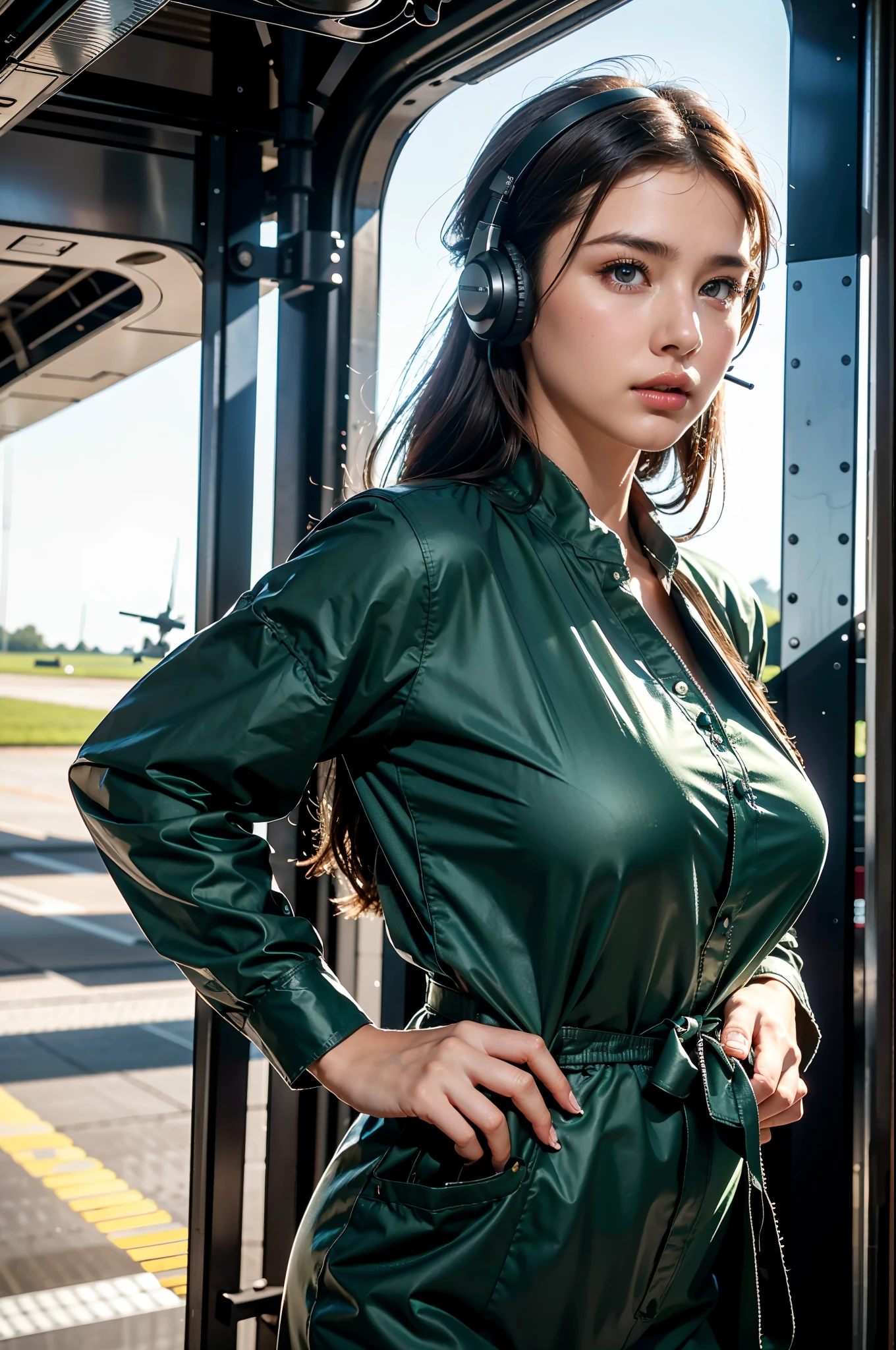Best quality, ((professional photograph, RAW photo)), intricate composition, an extremely delicate and beautiful, ultra high res, professional lighting and shading, (Realistic image of a extremely pretty female Aircraft mechanic, solo), Inside a spacious Aircraft hangar, Vintage airplanes of the World War II era line the background, She does aircraft maintenance, (Wearing military long-sleeved coveralls for mechanics), (Wearing a headset), (wearing mechanic's heavy-duty glove), parted lips, very professional mechanic, ((extremely beautiful depiction of the eyes and face)), ((insanely beautiful natural skin texture)), Accurate eyes, Accurate five fingers, Well-balanced overall body