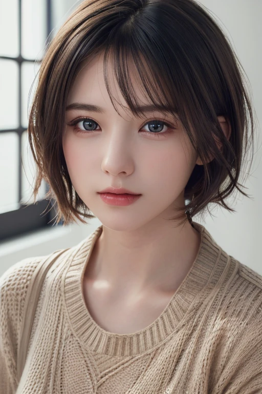 (masterpiece:1.3), (8k, photorealistic, RAW photo, best quality: 1.4), (1girl), beautiful face, (realistic face), (black hair, short hair:1.3), beautiful hairstyle, realistic eyes, beautiful detailed eyes, (realistic skin), beautiful skin, (sweater), absurdres, attractive, ultra high res, ultra realistic, highly detailed, golden ratio