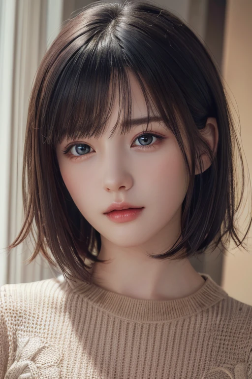 (masterpiece:1.3), (8k, photorealistic, RAW photo, best quality: 1.4), (1girl), beautiful face, (realistic face), (black hair, short hair:1.3), beautiful hairstyle, realistic eyes, beautiful detailed eyes, (realistic skin), beautiful skin, (sweater), absurdres, attractive, ultra high res, ultra realistic, highly detailed, golden ratio