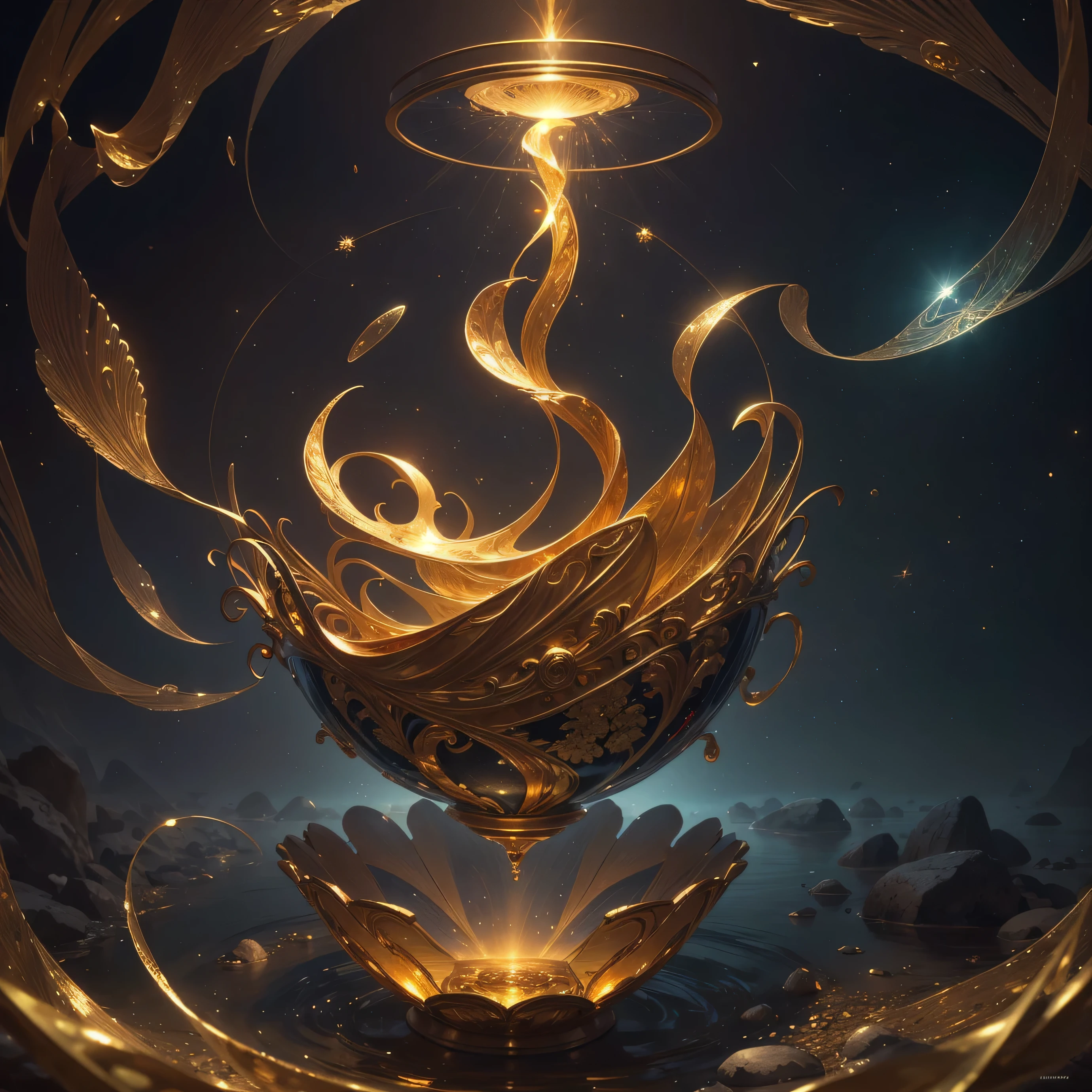 Highest image quality, ultra high definition, masterpiece, flow of life, Golden vessel pouring,river flow, stream of life,mystical transcendence,kundalini rising up, light and shadow, particle light, particle special effects, Bioluminescence, beautiful romance, beautiful, dream highest quality, ultra high definition, masterpiece, exquisite CG, exquisite details, rich picture layers, beautiful, perfect details, best quality, highest image quality, high resolution, high definition, 16k, 8k, UHD, HDR, HD,--v5,--ar