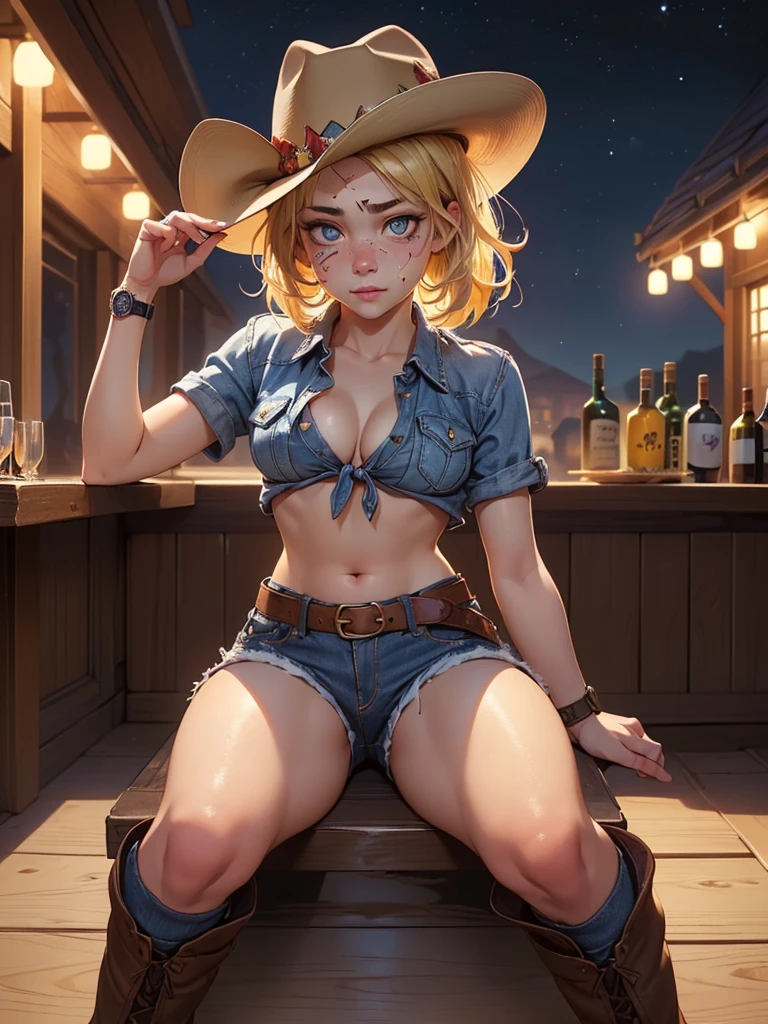 (((1 person:2.0))),(((Sheriff Costume))),(((Low waist denim shorts))),(((Wear a western hat))),(((Wear one leather belt))),(((He is wearing short sleeves, Plaid, front tie shirt.))),(((wearing a watch))),(((short boots))),(((Showing cleavage))),(((Showing your belly button))),(((Exposed thin inner thighs))),(((Small breasts:1.5))),(((Bare arms))),(((Her hair is blonde))),, Beautiful detailed girl, Very detailed目と顔, 緻密でBeautiful Eyes, Very detailed, High resolution, highest quality, masterpiece, Very detailed, 8k wallpaper, wonderful, finely, highest quality, The light shines on your face,(Night Bar),Beautiful Eyes,(((Drunk face:1.3))),(((Open your mouth:0.5))),Cowboy Shot