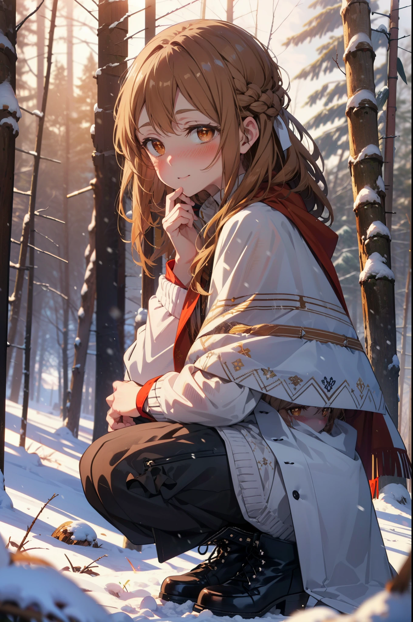 I am the sun ayuuki, a sun a yuuki, Long Hair, Brown Hair, (Brown eyes:1.8)Medium chest,smile,blush,White Breath,
Open your mouth,snow,Ground bonfire, Outdoor, boots, snowing, From the side, wood, suitcase, Cape, Blurred, Increase your meals, forest, White handbag, nature, Squat, Mouth closed, フードed Cape, winter, Written boundary depth, Black shoes, red Cape break looking at viewer, Upper Body, whole body, break Outdoor, forest, nature, break (masterpiece:1.2), highest quality, High resolution, unity 8k wallpaper, (shape:0.8), (Beautiful and beautiful eyes:1.6), Highly detailed face, Perfect lighting, Highly detailed CG, (Perfect hands, Perfect Anatomy),