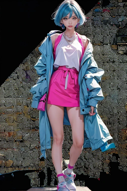 highest quality, Very detailed, masterpiece, 1 person,woman,(((完璧なwomanの体))),Very beautiful face, Very beautiful body,Gentle expression, Very beautiful eyes,(Perfect Makeup:1.1),Fashion Model,Cyberpunk Fashion,short hair,Shaggy Hair,Fluorescent pink and blue hair:1.3, Very thin body,Smart Abs, 青と紫のビニール素材のClothes装, Fluorescent pink and blue mini skirt,necklace,anklet,Two-tone high-top sneakers,A kind smile,Full body portrait,(Street background:1.3), (Shiny skin),(Earrings),Monogram pattern,Gradient Graphics,neon,Clothes,scarf,
