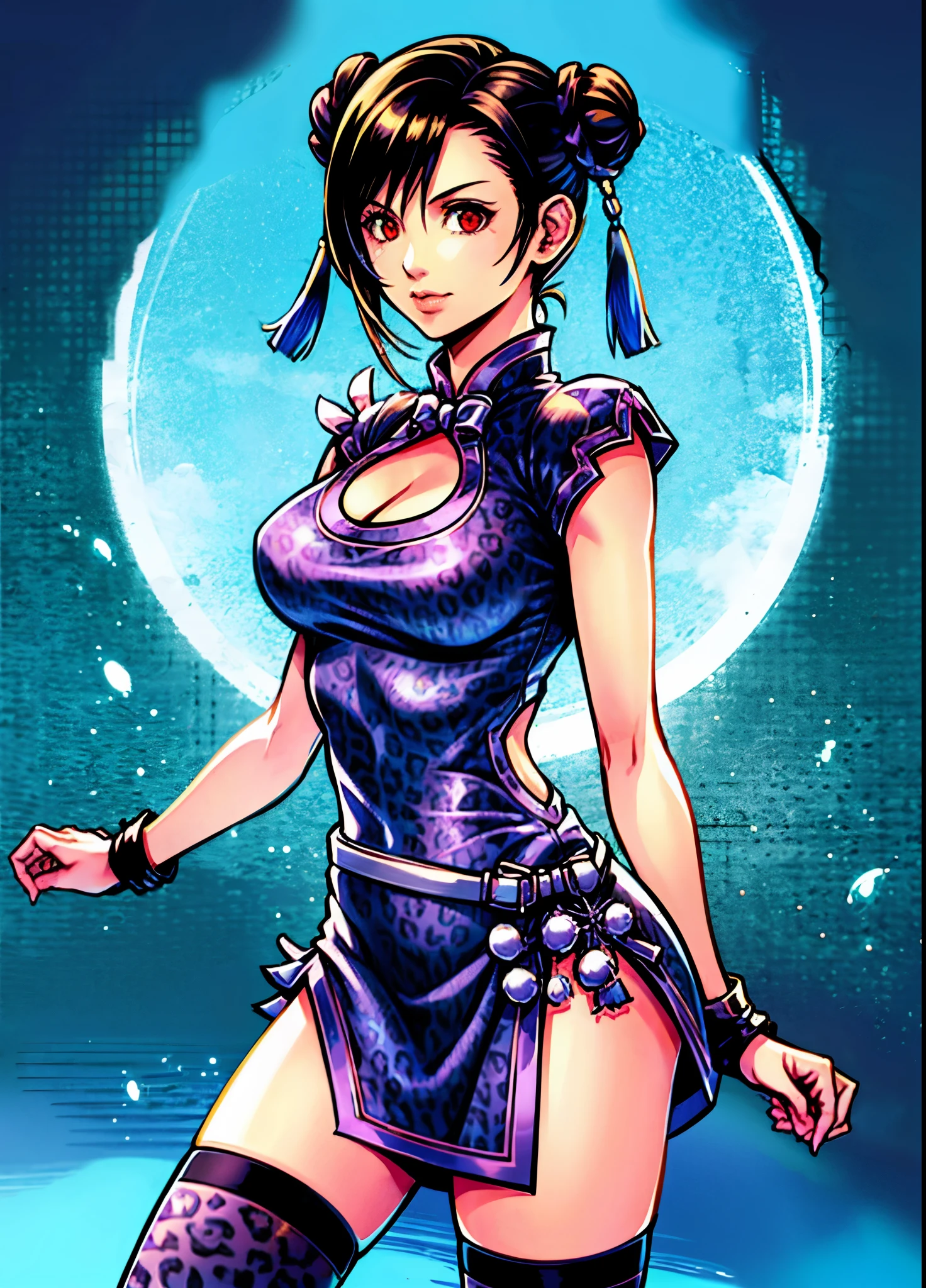 sdTifa, red eyes, double buns, china dress, cleavage cutout, lace trim, leopard print, fishnet thighhighs