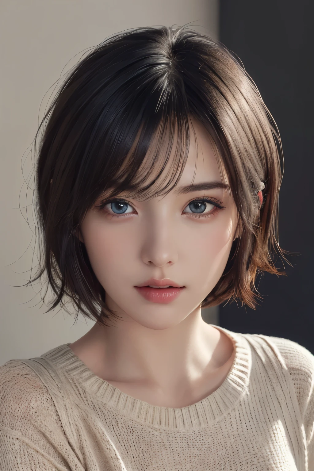 (masterpiece:1.3), (8k, photorealistic, RAW photo, best quality: 1.4), (1girl), beautiful face, (realistic face), (black hair, short hair:1.3), beautiful hairstyle, realistic eyes, beautiful detailed eyes, (realistic skin), beautiful skin, (sweater), absurdres, attractive, ultra high res, ultra realistic, highly detailed, golden ratio
