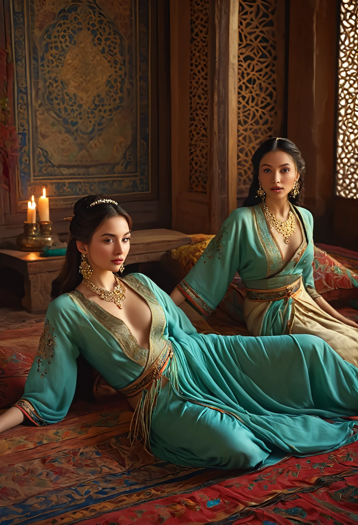 best quality,4k,8k,highres,masterpiece:1.2,portraits (A few beautiful women),relaxing in a harem,historical scene,detailed facial features,expressive eyes and lips,lush surroundings,soft lighting,vibrant colors,exquisite details of jewelry and clothing,luxurious fabrics and textures,calm and peaceful atmosphere,romantic ambiance,oriental design elements,subtle aroma of incense,faint sound of music,traditional decorations and patterns,delicate hand gestures,serene expressions,fine brush strokes,painterly style,rich color palette,harmonious composition,fleeting moments of joy and serenity,ethereal beauty,vivid depictions of emotions,poetic and dreamy atmosphere,meticulously rendered backgrounds,subtle gradations of light and shadow,pure sensuality and allure,escape from reality with elegance,romantic storytelling through visuals