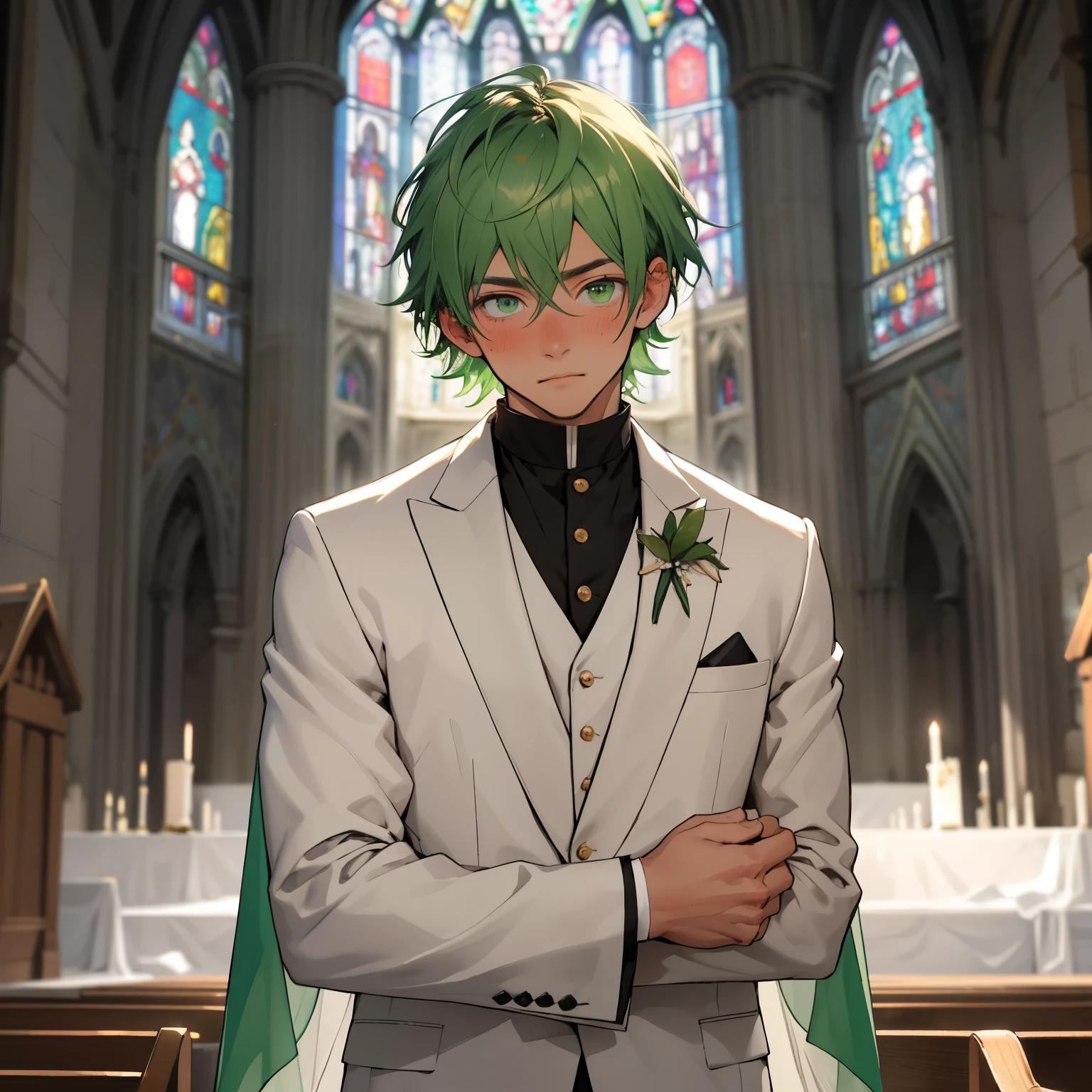 (masterpiece, best quality ), 1man, short green hair, green eyes, intricate, (church) , close up image, white aroyal wedding suit, vivid colors,(depth of field:1.2), blush, looking at viewer, standing in the altar, facing the front, visible pectorals, very close to the camera