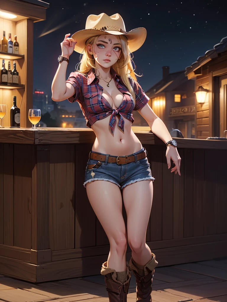 (((1 person:2.0))),(((Sheriff Costume))),(((Low waist denim shorts))),(((Wear a western hat))),(((Wear one leather belt))),(((He is wearing short sleeves, Plaid, front tie shirt.))),(((wearing a watch))),(((short boots))),(((Showing cleavage))),(((Showing your belly button))),(((Exposed thin inner thighs))),(((Small breasts:1.5))),(((Bare arms))),(((Her hair is blonde))),, Beautiful detailed girl, Very detailed目と顔, 緻密でBeautiful Eyes, Very detailed, High resolution, highest quality, masterpiece, Very detailed, 8k wallpaper, wonderful, finely, highest quality, The light shines on your face,(Night Bar),Beautiful Eyes,(((Drunk face:1.1))),(((Open your mouth:0.5))),Cowboy Shot