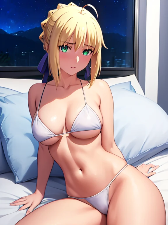 Best_quality, masterpiece, highres, detailed, detailed_background, ray_tracing_graphic, solo, adult_female, {saber_fatestaynightufotable:1.15}, blonde_hair, French_bread, little_ahoge, detailed_green_eyes, blue_ribbon, 1girl, anime_coloring, detailed_face, kuudere_face, five_fingers, blush, large_breasts, white_bikini, blue_straps, pants, from_the_top, lying, bed, dark_room, night_time, looking_at_viewer, oily_skin, detailed_skin, detailed_texture