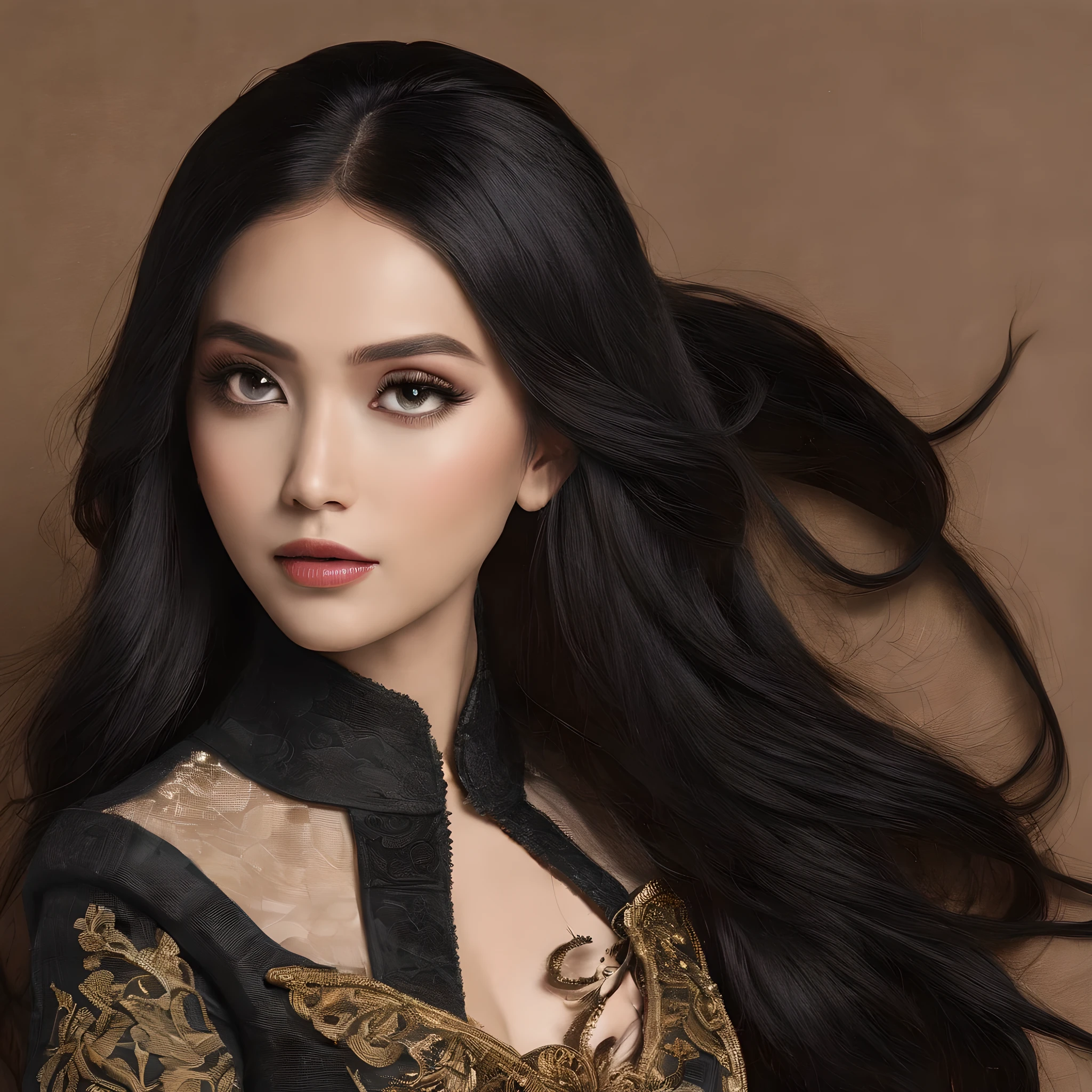 Black longhair,gaun Tradisional Indonesia,Mahkota,ratu,gaun hitam,make up natural,tanned skin,walk in the aisle,