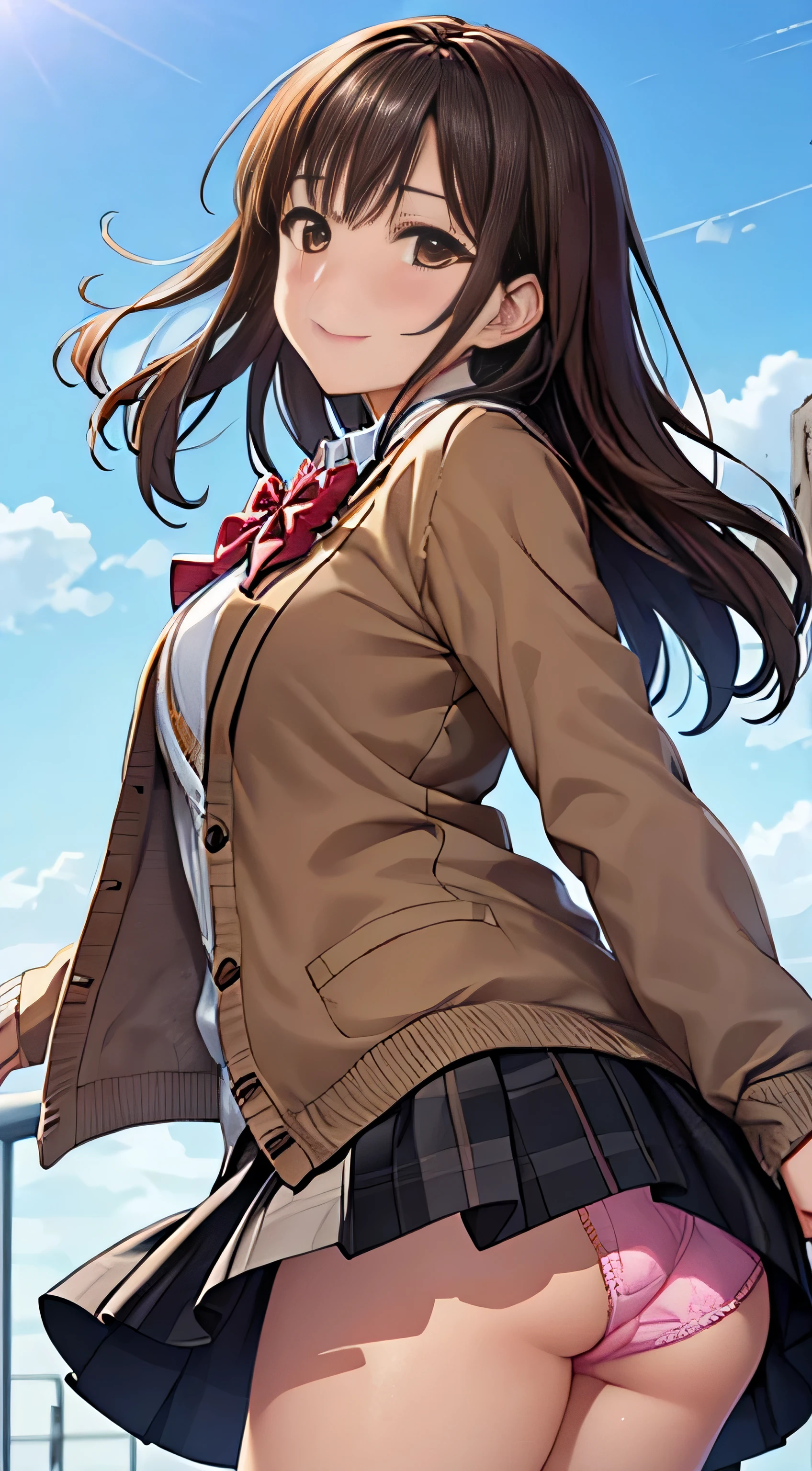 ((Tabletop, highest quality, High resolution, , Perfect Pixel,  4K,))), 1 high school girl, single, alone, Beauty、The whole body is visible、 ((Mid-wave hair, bangs, Brown Hair)), ((Brown eyes, Beautiful eyelashes, Realistic eyes)), ((Detailed face, Blushing:1.2)), ((Smooth texture:0.75, Realistic texture:0.65, Realistic:1.1, Anime CG Style)), Medium chest, Dynamic Angle, Perfect body,  ((Red bow tie, , Black jacket, Open jacket, Brown cardigan, White shirt, Black Skirt, Checked skirt)), 、、Very embarrassing panic smile, looked back、Leaning forward、The wind makes all of my panties visible、Touch your buttocks with both hands、Light pink and white floral lace panties、Angle from below)、