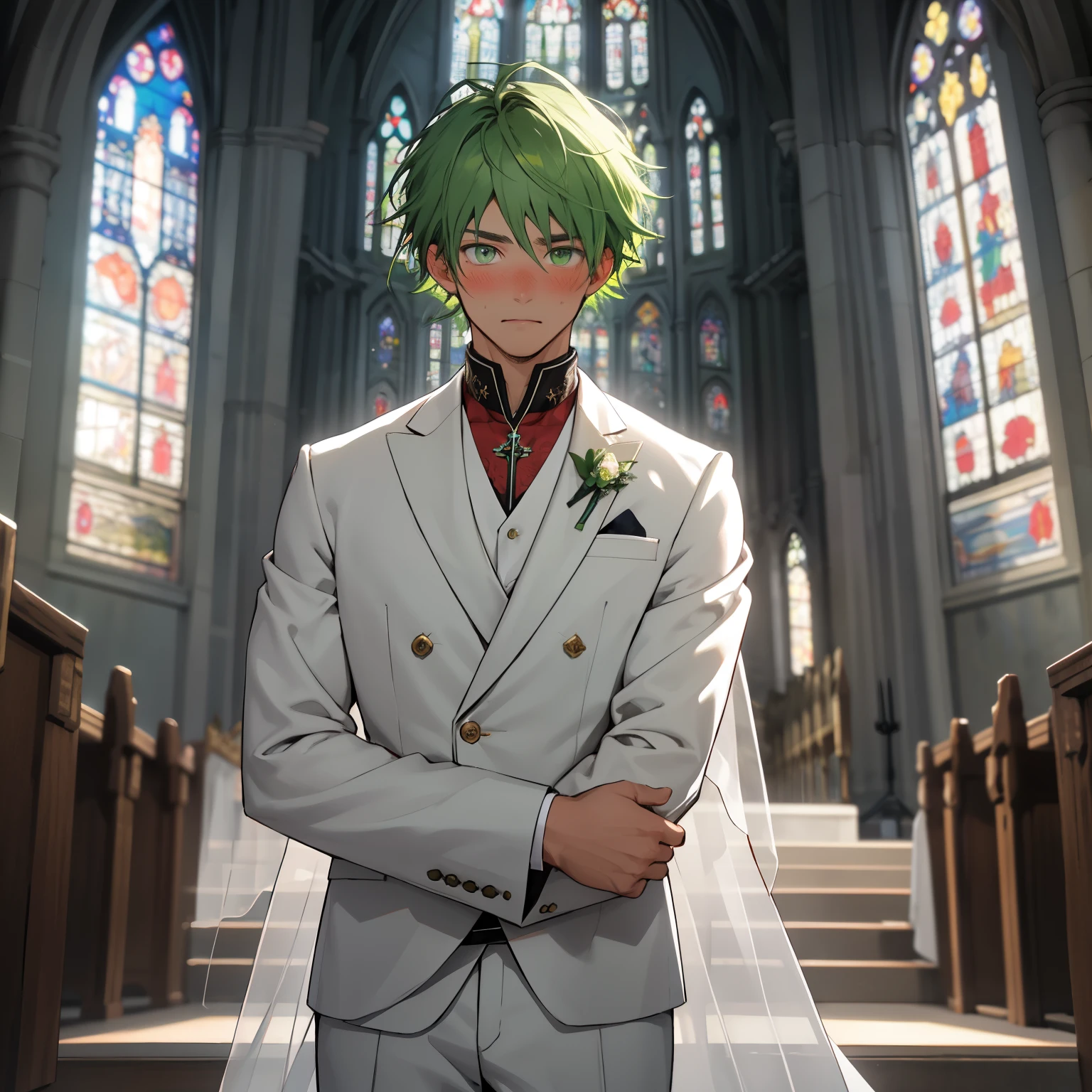 (masterpiece, best quality ), 1man, short green  hair, green eyes, intricate, (church) , close up image, white aroyal wedding suit, vivid colors,(depth of field:1.2), blush, looking at viewer, standing in the altar, facing the front, visible pectorals, very close to the camera