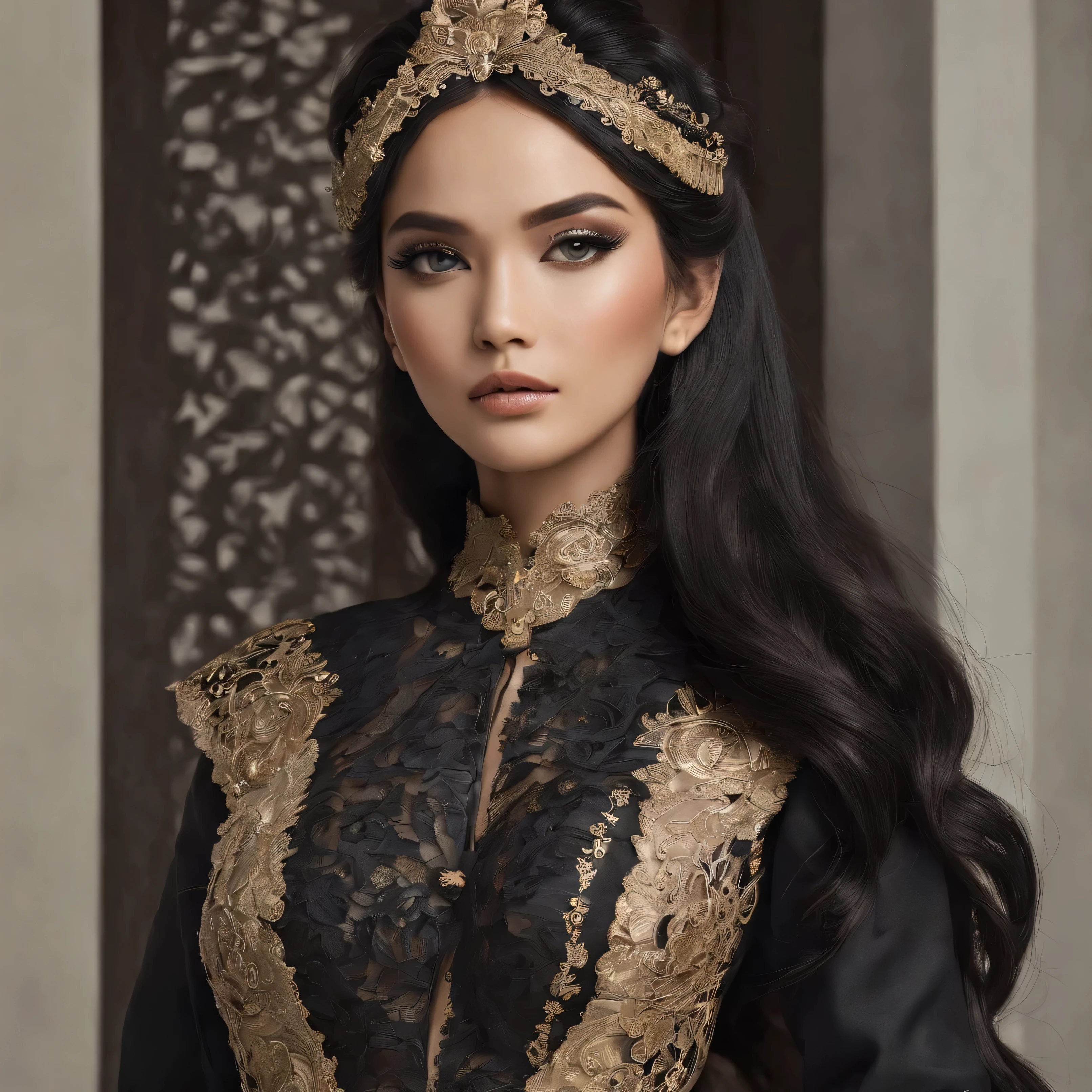 Black longhair,gaun Tradisional Indonesia,Mahkota,ratu,gaun hitam,make up natural,tanned skin,walk in the aisle,