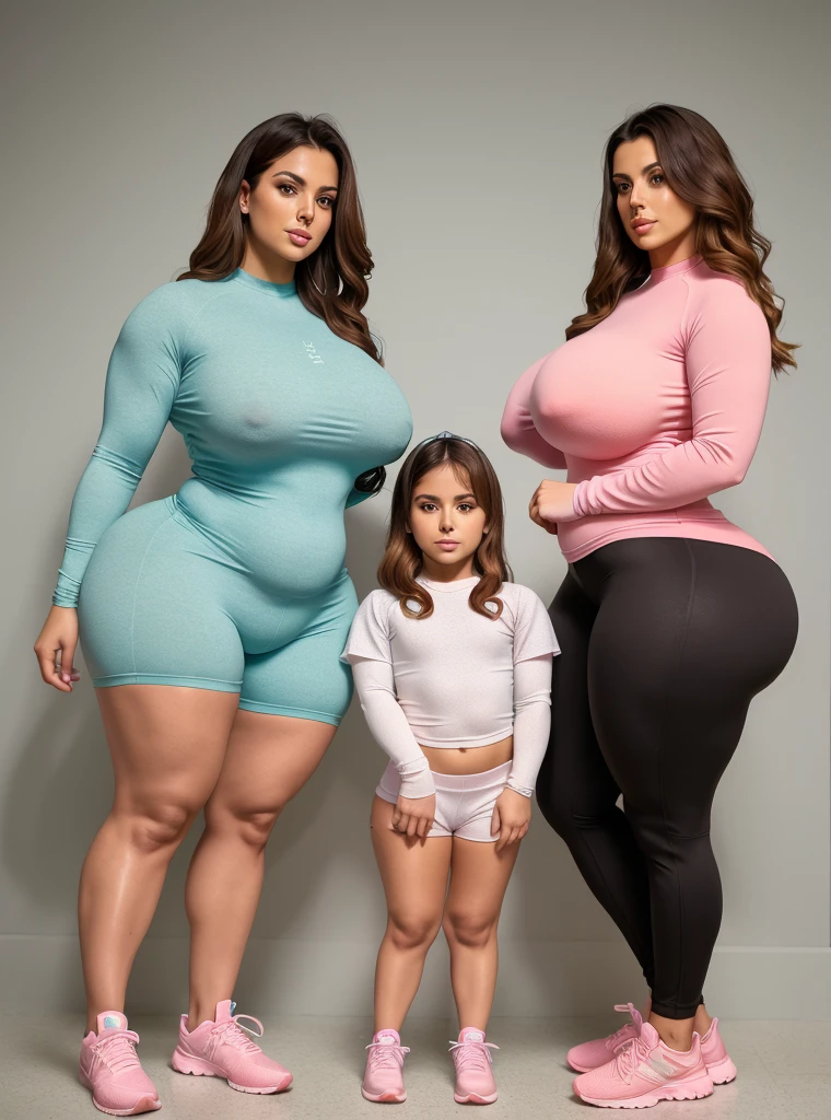 full body photograph of a beautiful woman (((Mother and daughter:1.5))), ((huge each other:1.5)), Tight shorts, long sleeve spandex shirt, and sneakers. Very detailed, matte skin, pores, 4K, natural, realistic, photograph, photorealistic. Curvy body shape, cleveage, huge breast, wide hips, thin waist, ((natural abs)), thick legs, huge booty, round shape butt, ((front body view))