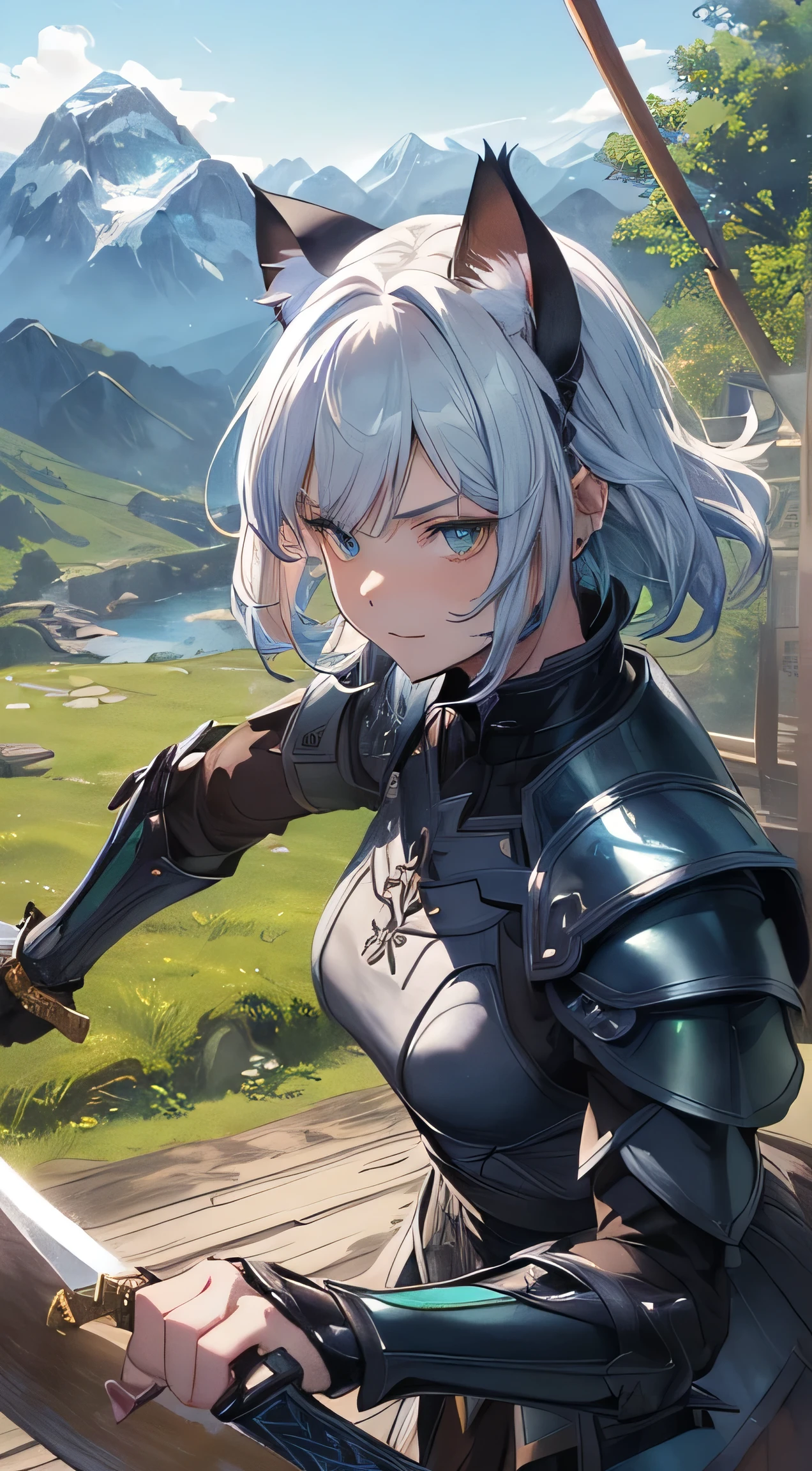 beautiful detailed girl, clear and beautiful, glowing skin, girls, not, young, 20 years, short hair, Short hair, Beautifully detailed glass hair, ((swinging a big sword, battle stance)) ((european armor , Black clothing color combination, Blue and green, beautiful and delicate eyes, Middle breasts, Authentic skin texture, Very nice 8KCG wallpaper, Very nice 8K CG wallpaper, Watercolor (middle), female warrior, (((cat ears))), swinging a sword, attack stance, (((nature background, mountain, wood))), ((outdoors)), upper body cut,